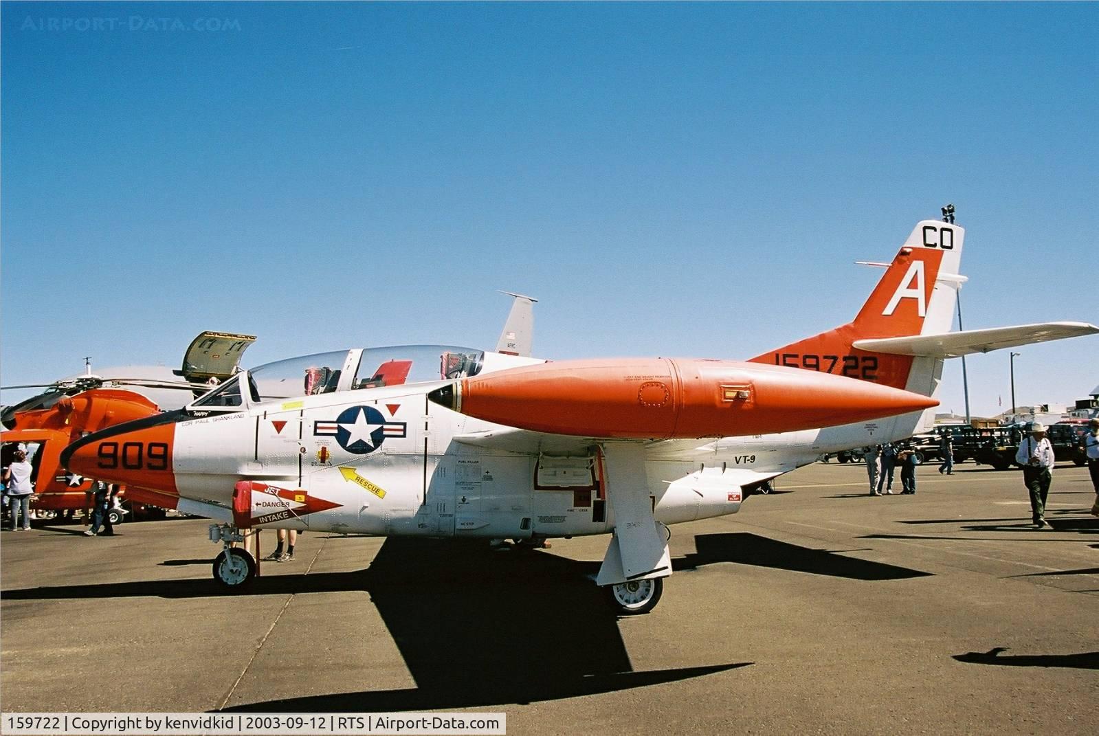 159722, 1961 North American Rockwell T-2C C/N 3##-19, At the 2003 Reno Air Races.
To AMARC as AN2T0303, Sold to Greek Air Force for spares.