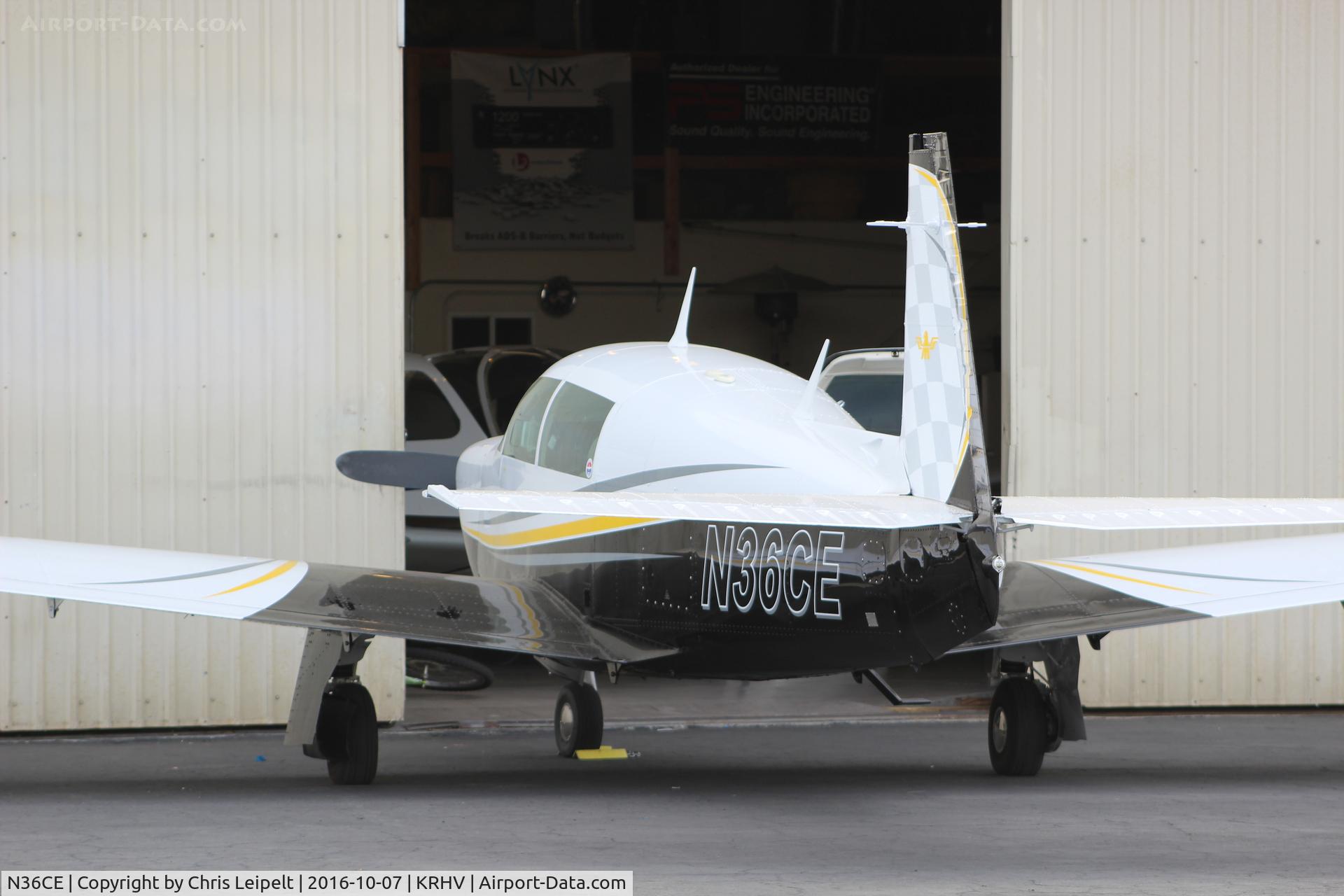 N36CE, 1982 Mooney M20J 201 C/N 24-1321, Hayward-based 1982 Mooney M20J parked in front of Aerial Avionics at Reid Hillview Airport, San Jose, CA.