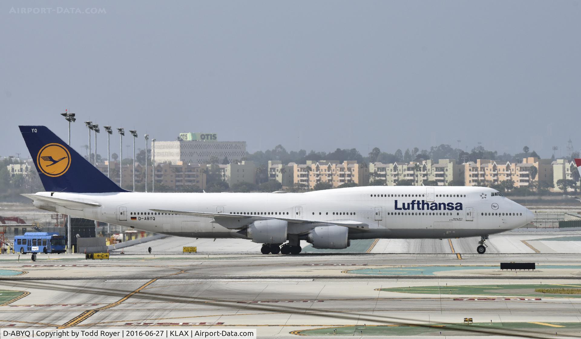 D-ABYQ, 2014 Boeing 747-830 C/N 37840, Taxiing to gate at LAX