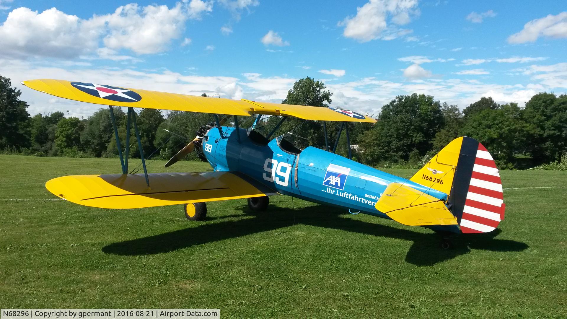 N68296, 1940 Boeing A75N1(PT17) C/N 75-354, Aircraft appeared at Pleidelsheim Fliegerfest in August 2016.
Had a German insurance company's advertisement printed on the fuselage...