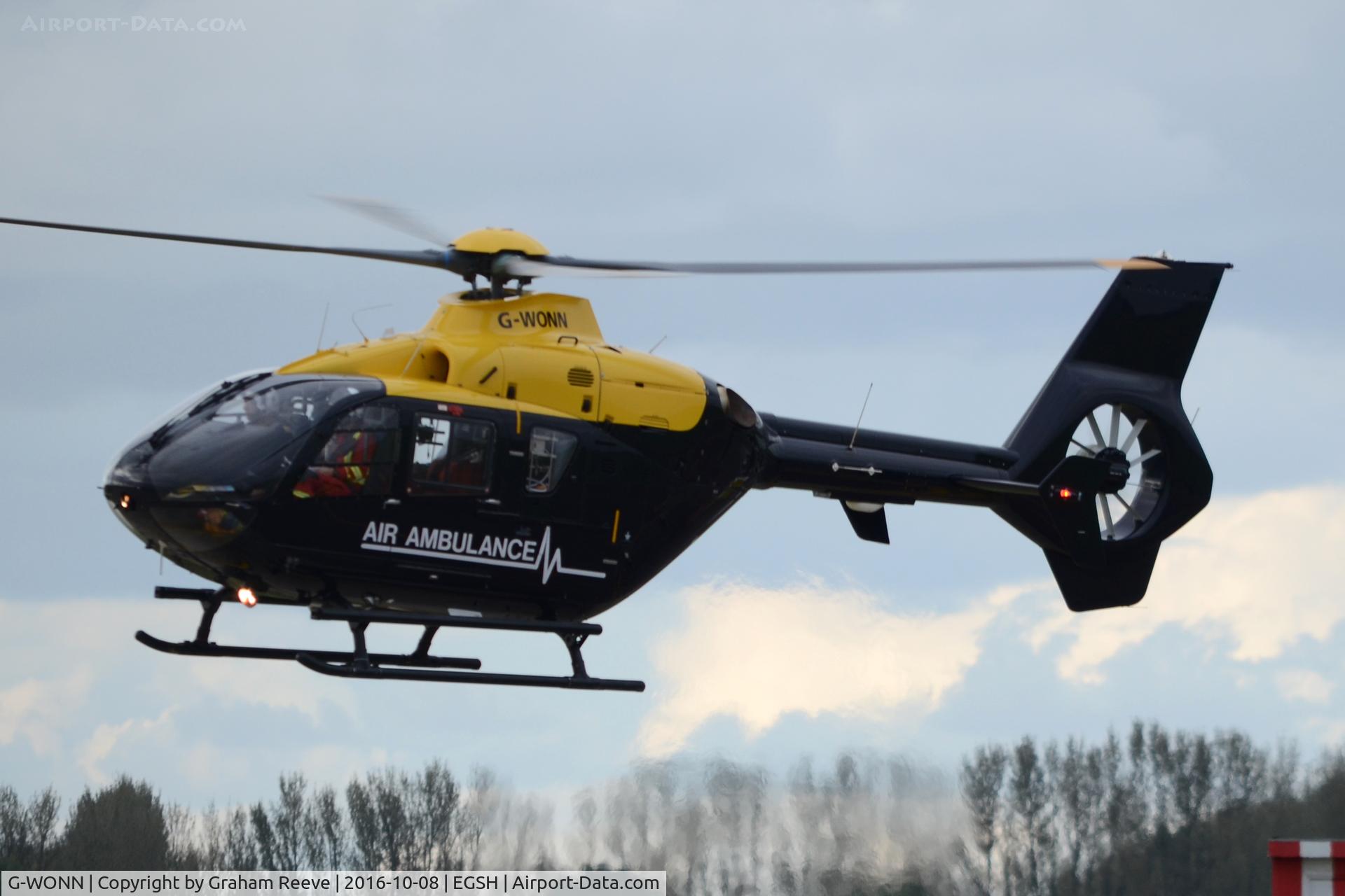 G-WONN, 2007 Eurocopter EC-135T-2+ C/N 0597, Landing at Norwich.