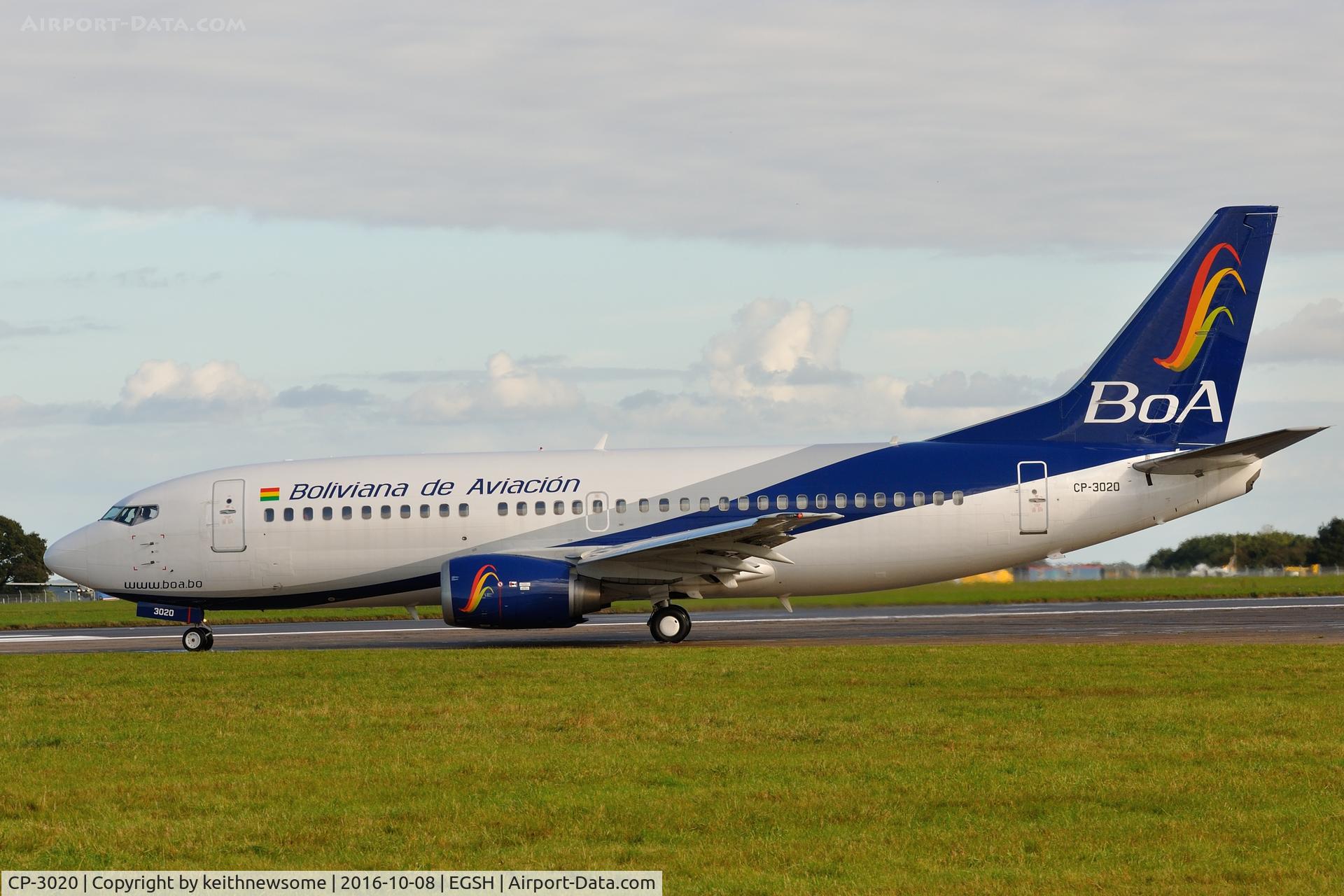 CP-3020, 1997 Boeing 737-37Q C/N 28537, Leaving Norwich for Madrid.