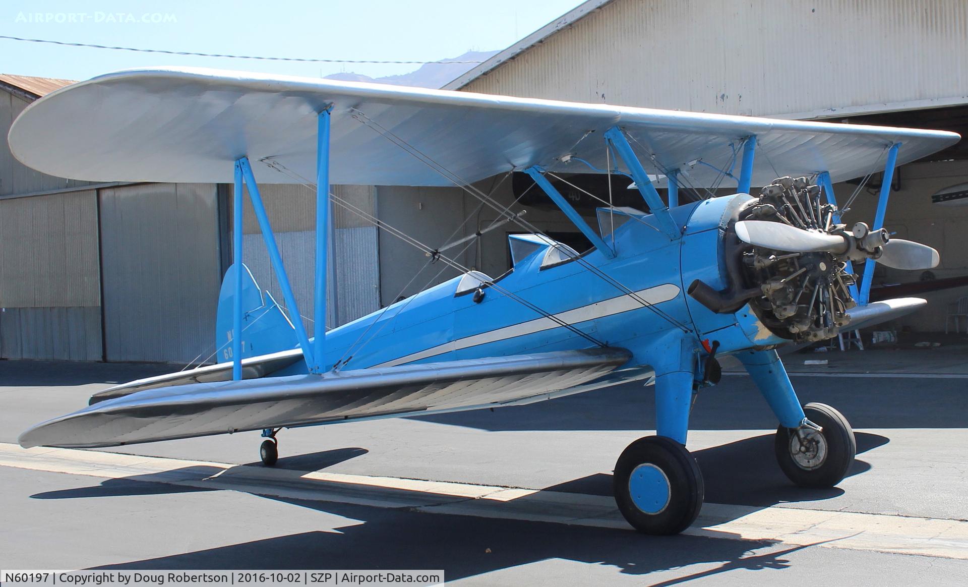 N60197, 1942 Boeing A75 C/N 75-3527, 1942 Boeing Stearman A75, P&W R-985 Wasp Jr. 450 Hp radial upgrade, Restricted class Ag & Pest control, been a while since I have seen this airplane