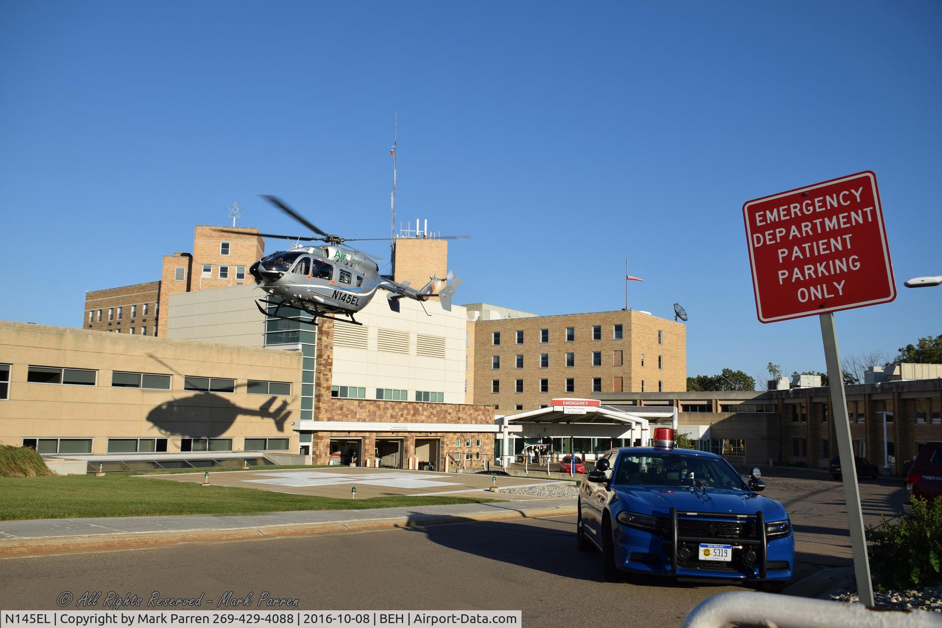 N145EL, 2015 Eurocopter-Kawasaki EC-145 (BK-117C-2) C/N 9601, Leaving Lakeland Heath Saint Joseph, MI