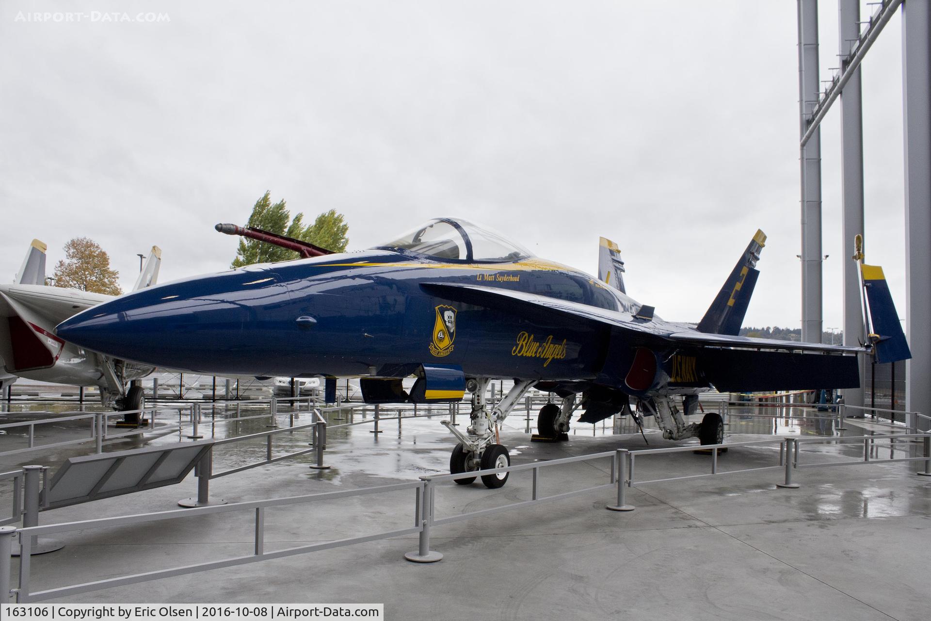 163106, McDonnell Douglas F/A-18A Hornet C/N 0495, Blue Angel #2 at the Air Park Pavilion at the Museum of Flight. She has been retired from flying and this is one of 2 Blue Angel a/c that is there.