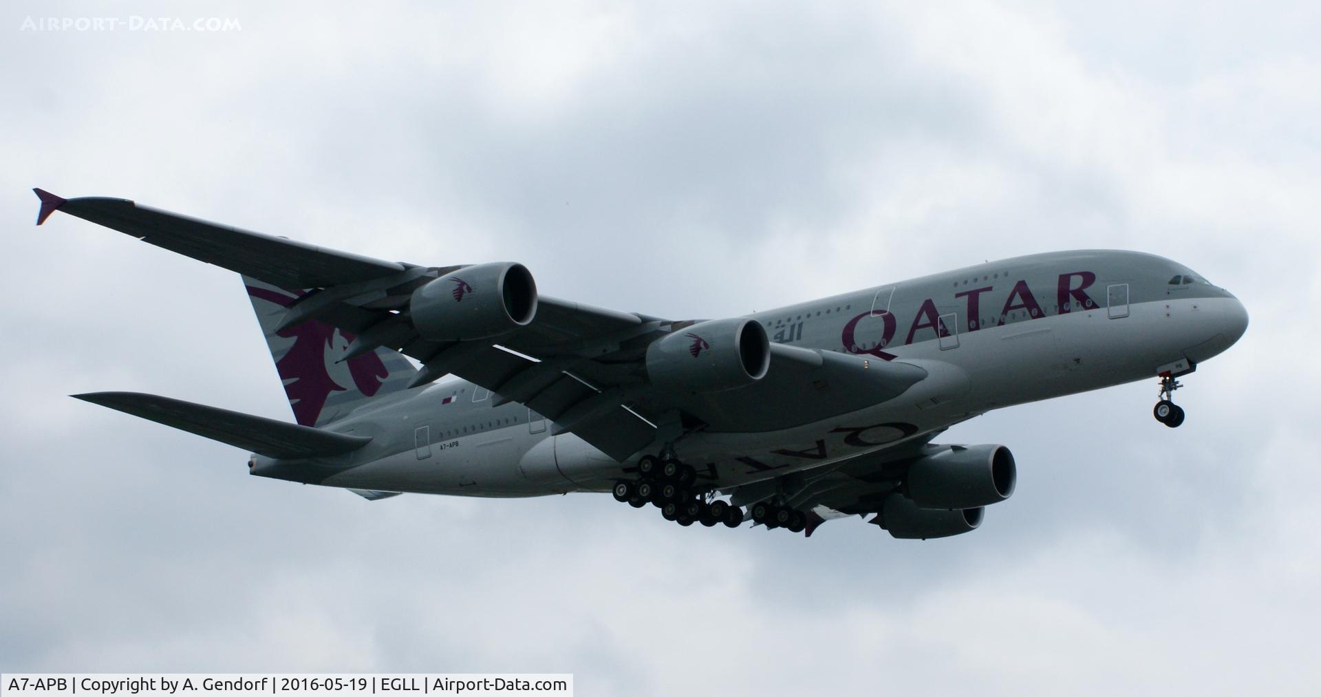 A7-APB, 2013 Airbus A380-861 C/N 143, Qatar Airways, is here completing the flight from Doha(OTHH) to London Heathrow(EGLL)