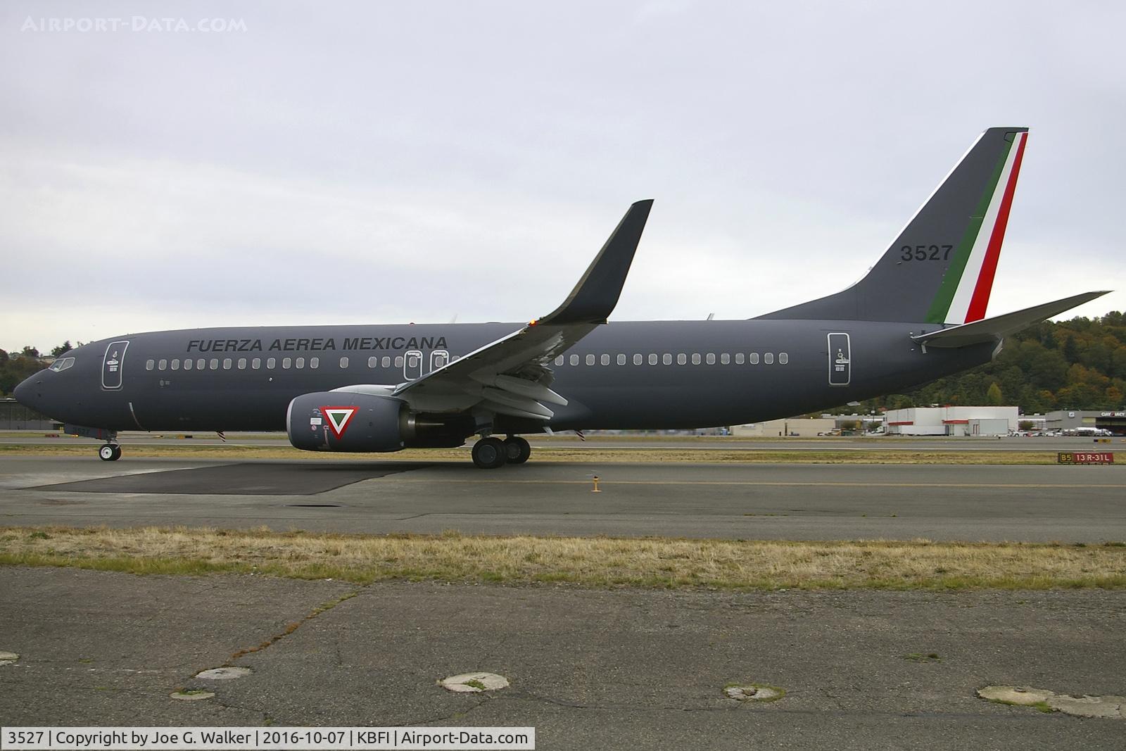 3527, 2016 Boeing 737-8ZY C/N 63324, Factory fresh 737-8ZY for the Fuerza Aerea Mexicana (Mexican Air Force) seen at BFI after a pre-delivery test flight.