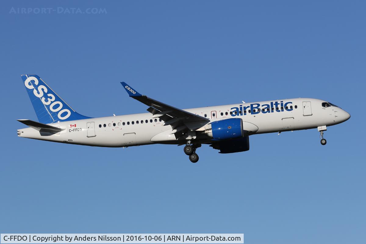 C-FFDO, 2015 Bombardier CSeries CS300 (BD-500-1A11) C/N 55002, On short final for runway 01R from Riga, Latvia. Route proving flight.