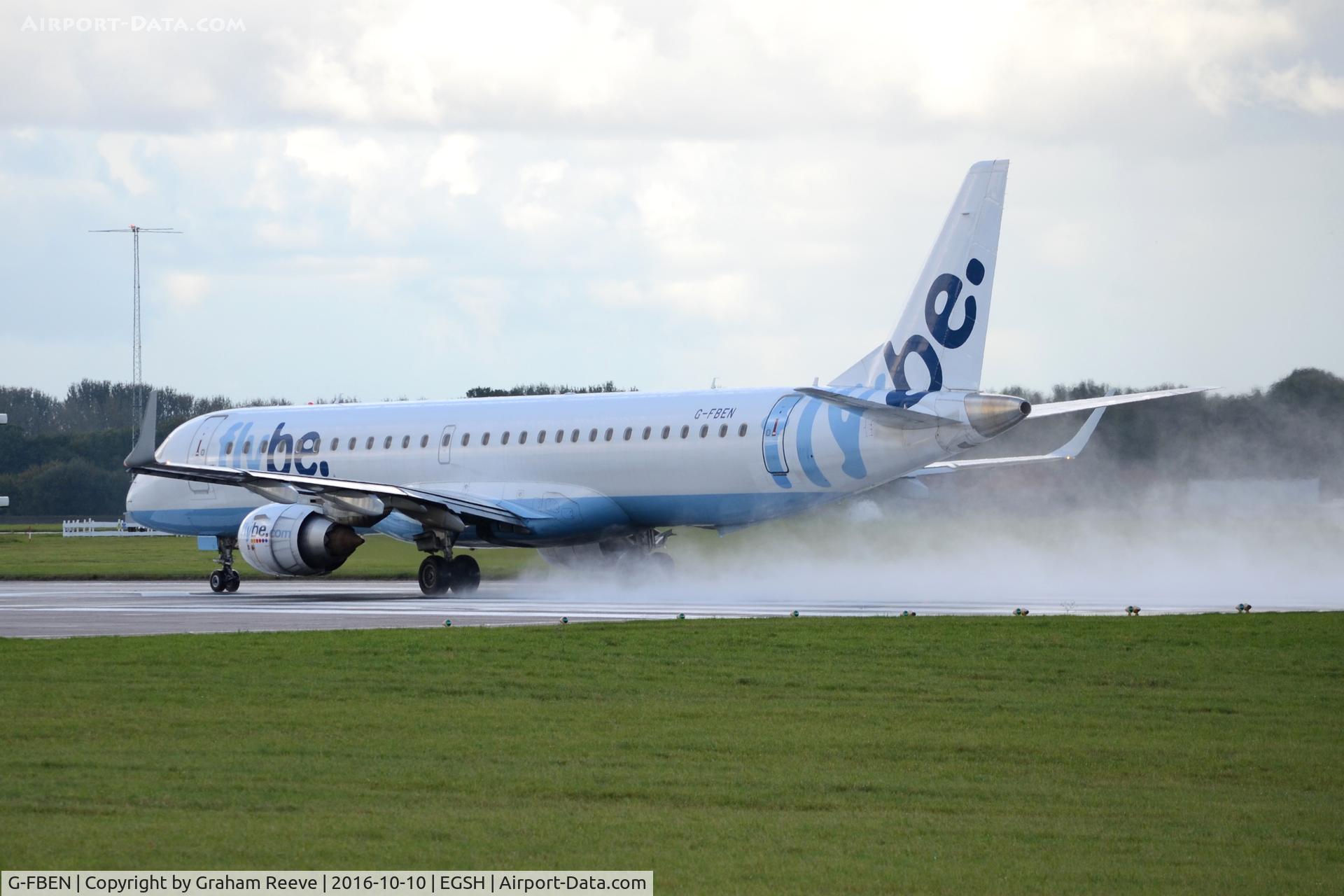 G-FBEN, 2008 Embraer 195LR (ERJ-190-200LR) C/N 19000213, Departing from Norwich on a wet runway.
