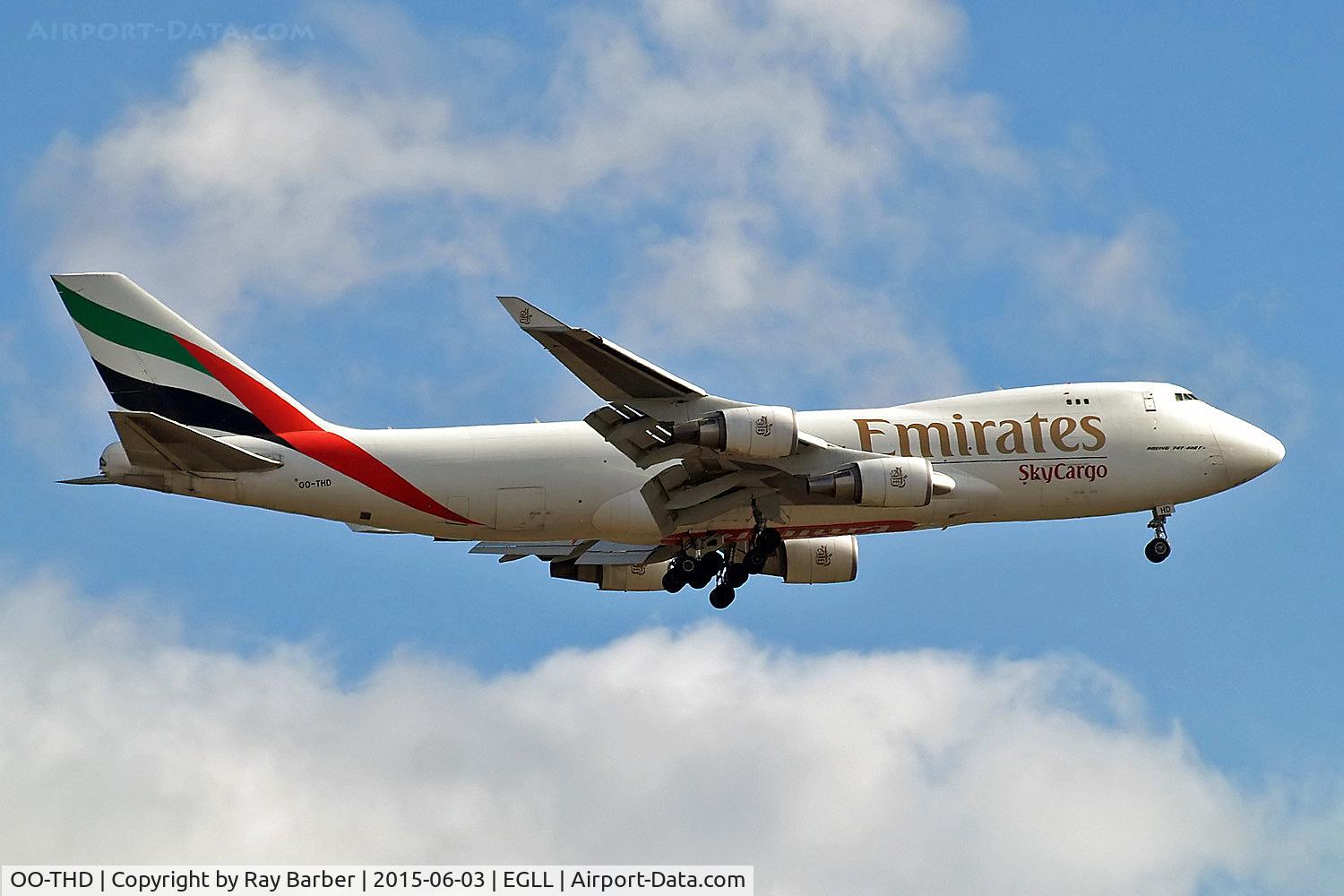 OO-THD, 2008 Boeing 747-4HAERF C/N 35236, Boeing 747-4HAERF [35236] (Emirates SkyCargo) Home~G 03/06/2015. On approach 27L.