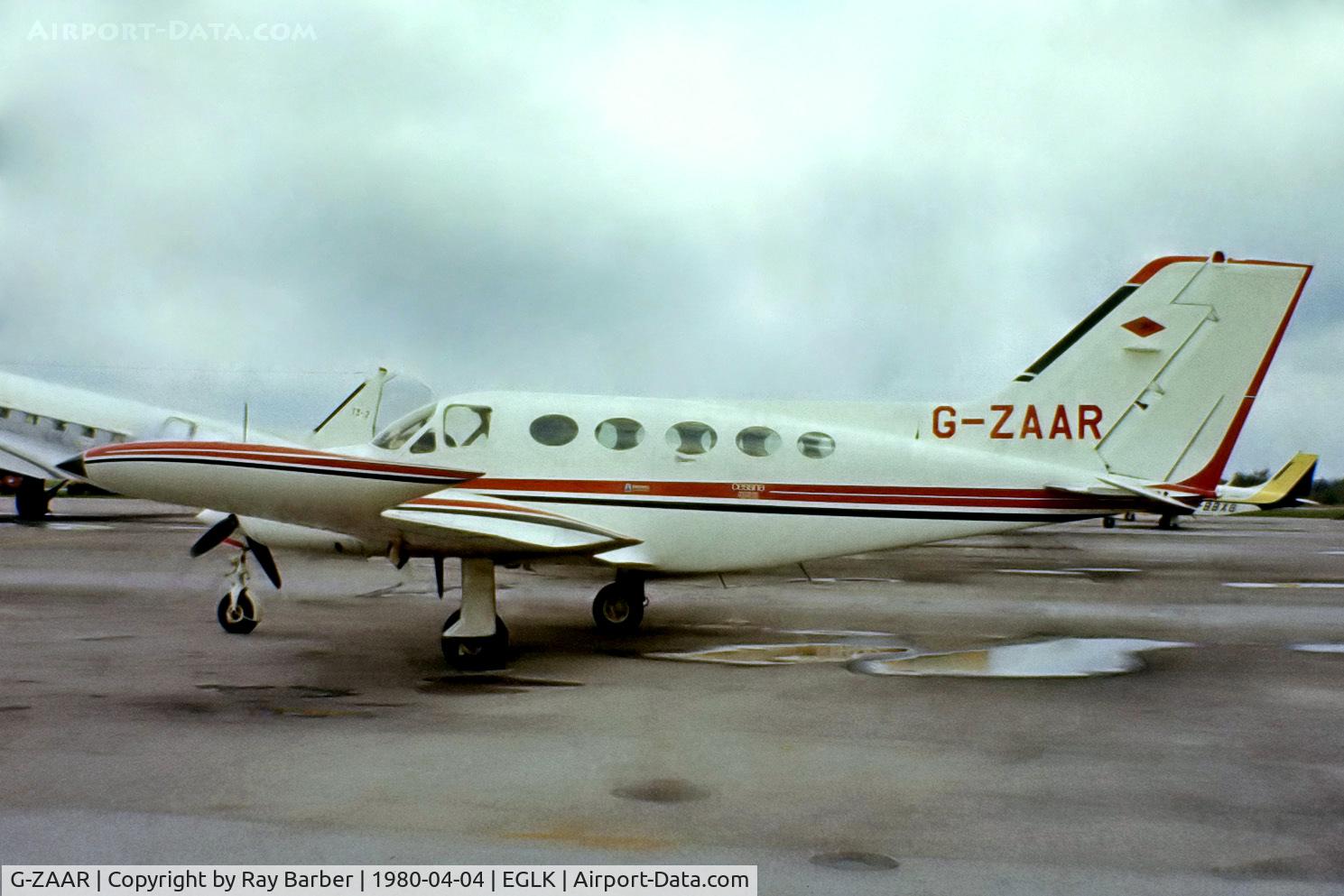 G-ZAAR, 1977 Cessna 414 Chancellor C/N 414-0909, Cessna 414 [414-0909] Blackbushe~G 04/04/1980. From a slide.