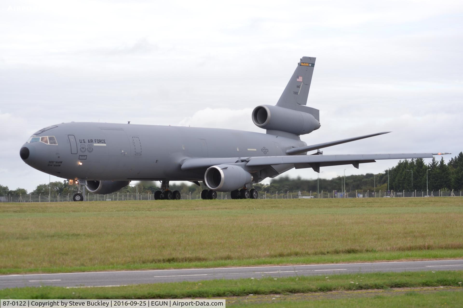 87-0122, 1987 McDonnell Douglas KC-10A Extender C/N 48308, Assigned to the 305th AMW at McGuire AFB, C-10A 87-0122 turns on the Runway 29 under-run at Mildenhall prior to departure with Roma 21