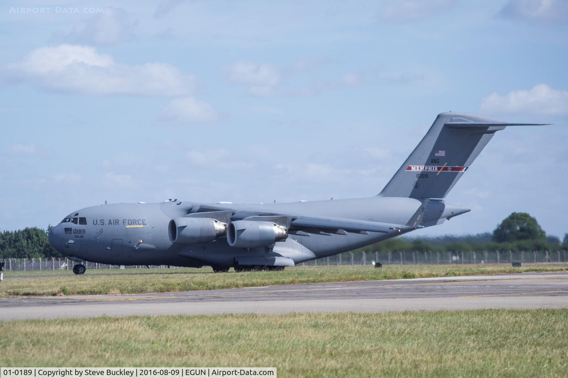01-0189, 2002 Boeing C-17A Globemaster III C/N P-89, Boeing C-17A Globemaster III 01-0189 assigned to the 155th Airlift Squadron, 164th Air Wing, Memphis ANG starts its take off Roll at Mildenhall