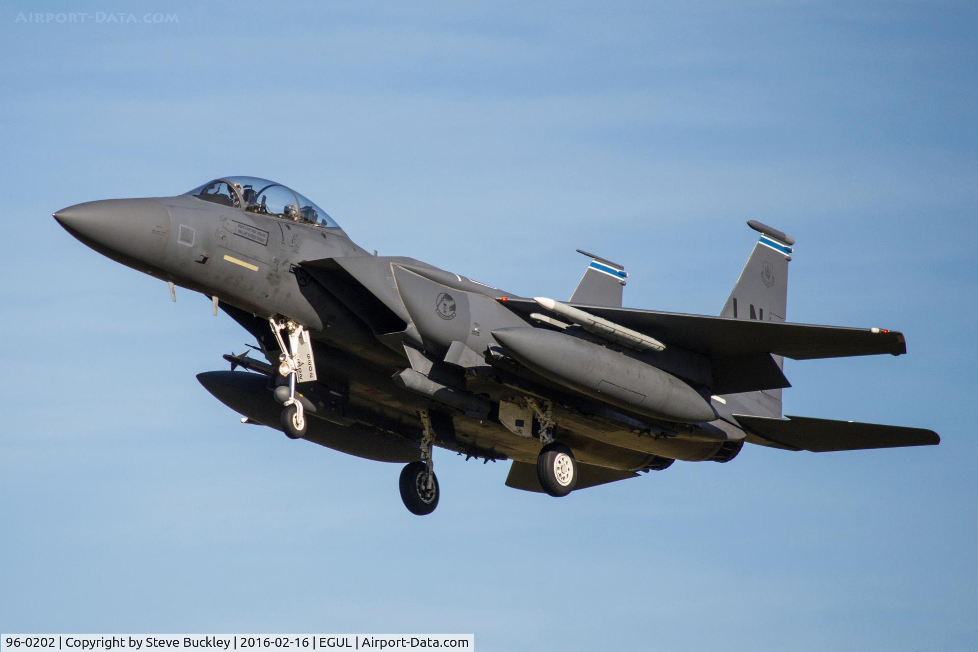 96-0202, 1996 McDonnell Douglas F-15E Strike Eagle C/N 1335/E212, Assigned to the 492nd FS/48th FW, F-15E  96-0202 approaches Lakenheath on short finals to Runway 24 