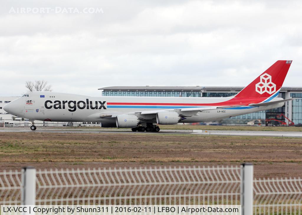 LX-VCC, 2010 Boeing 747-8R7F C/N 35807, Ready for take off rwy 32R... Additional 75th anniversary patch...