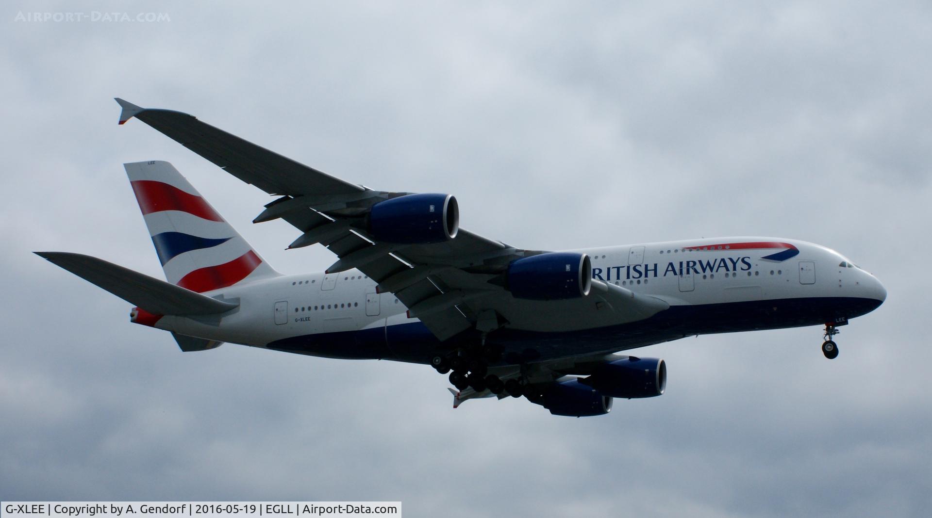 G-XLEE, 2013 Airbus A380-841 C/N 148, British Airways, is here landing at London Heathrow(EGLL)