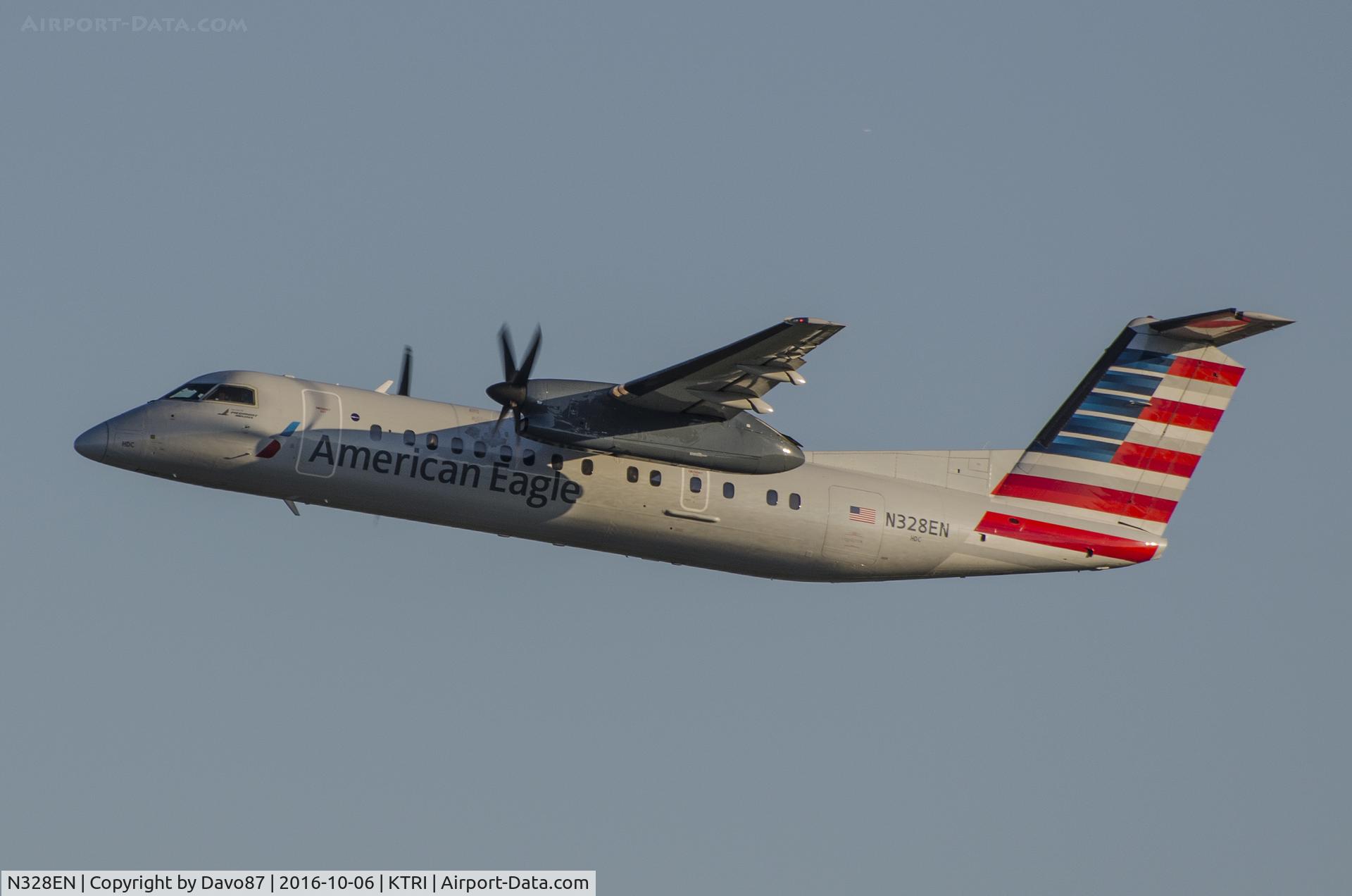 N328EN, 1991 De Havilland Canada DHC-8-311 Dash 8 C/N 281, Lifting off out of Tri-Cities Airport (KTRI) in the late afternoon sun.