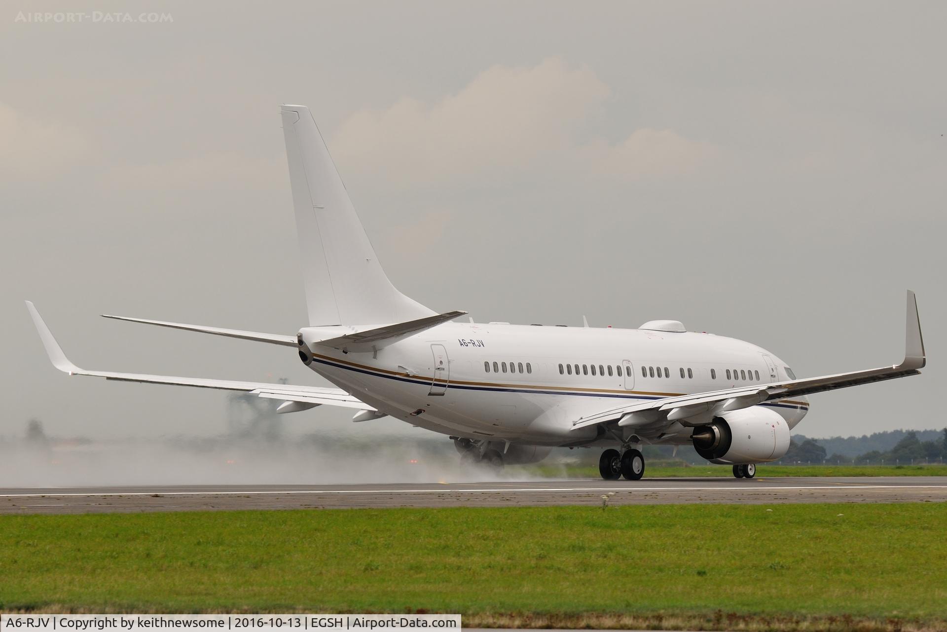 A6-RJV, Boeing 737-77W BBJ C/N 62467/5564, Leaving wet Norwich for Abu Dhabi.