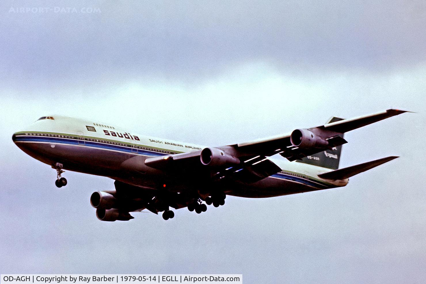 OD-AGH, 1975 Boeing 747-2B4B C/N 21097, Boeing 747-2B4BF [21097] (Saudia Arabian Airlines) Heathrow~G 14/05/1979. On finals 28R. From a slide.