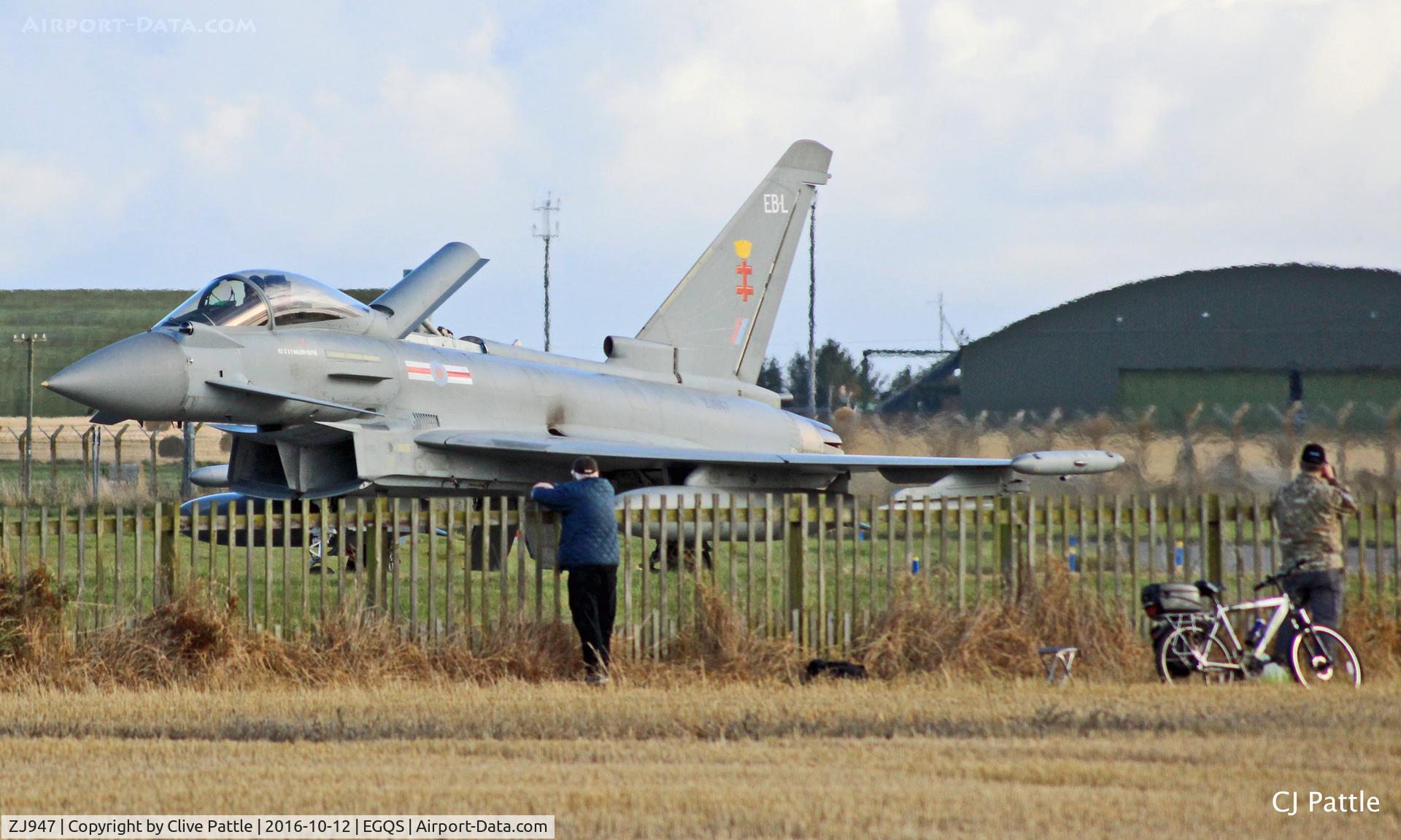 ZJ947, 2008 Eurofighter EF-2000 Typhoon FGR4 C/N 0159/BS040, Coded EB-L with No.41(R) TES from RAF Coningsby -  Seen in action at RAF Lossiemouth EGQS during Ex Joint Warrior 16-2 with a wave of its airbrake to spotters at the fence.