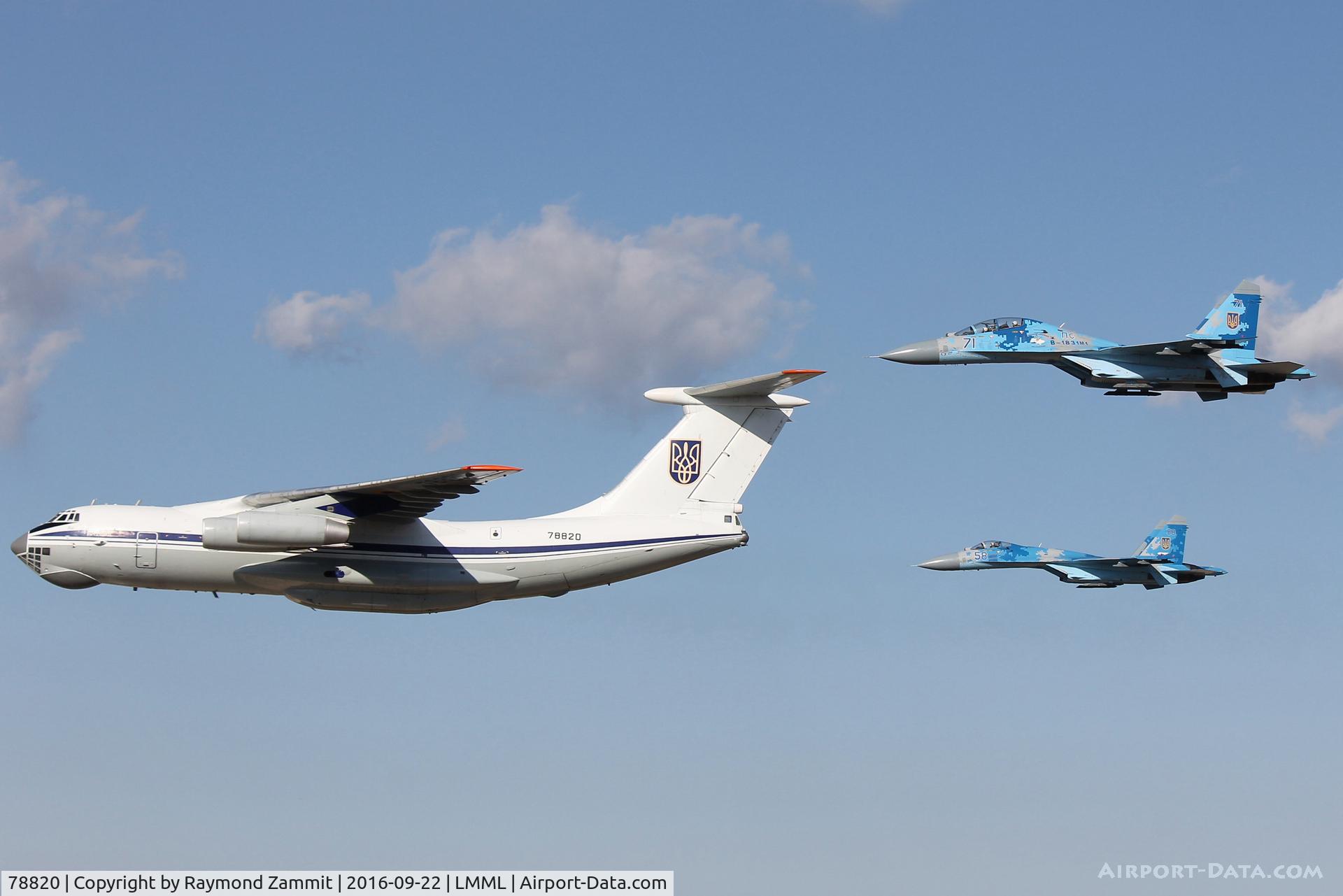 78820, 1989 Ilyushin Il-76MD C/N 0093496907, Ilyushin Il-76MD 78820 and a pair of Sukhoi Su-27 Flankers 58 and 71 on a run and break arriving over RW31 in Malta while participating in the Malta International Air Show 2016.