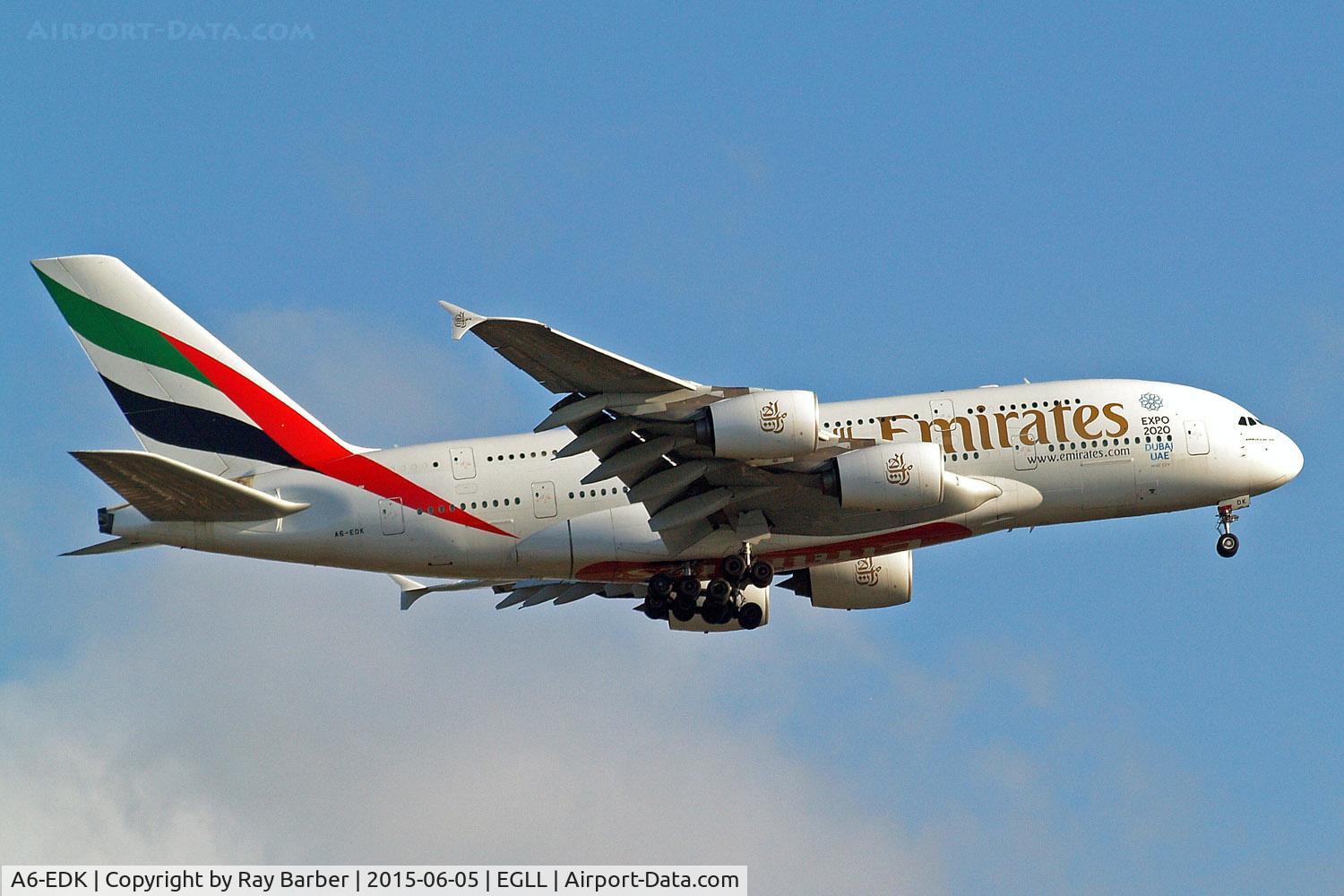 A6-EDK, 2010 Airbus A380-861 C/N 030, Airbus A380-861 [030] (Emirates Airlines) Home~G 05/06/2015. On approach 27L.