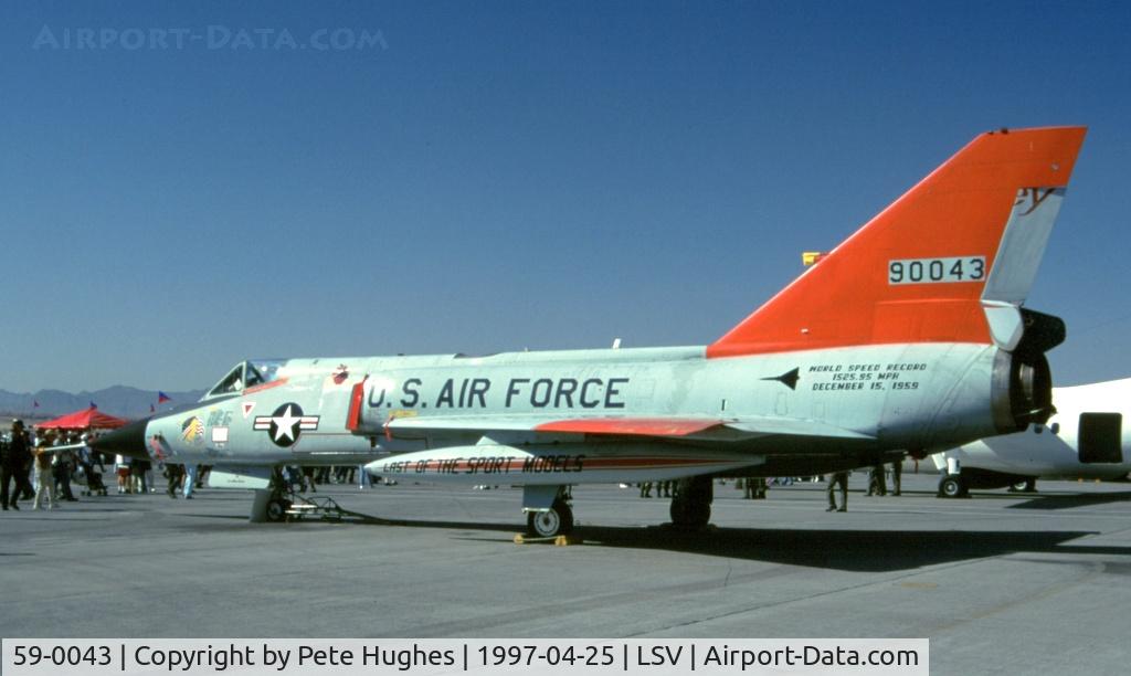 59-0043, 1959 Convair QF-106A Delta Dart C/N 8-24-172, 59-0043 F-106 at Nellis AFB for the USAF 50th birthday party, the Nellis Golden Tattoo, April 1997.  After uploading the 2016 picture at Minot I had a quick check and realised it was not the first time I had met this beast!