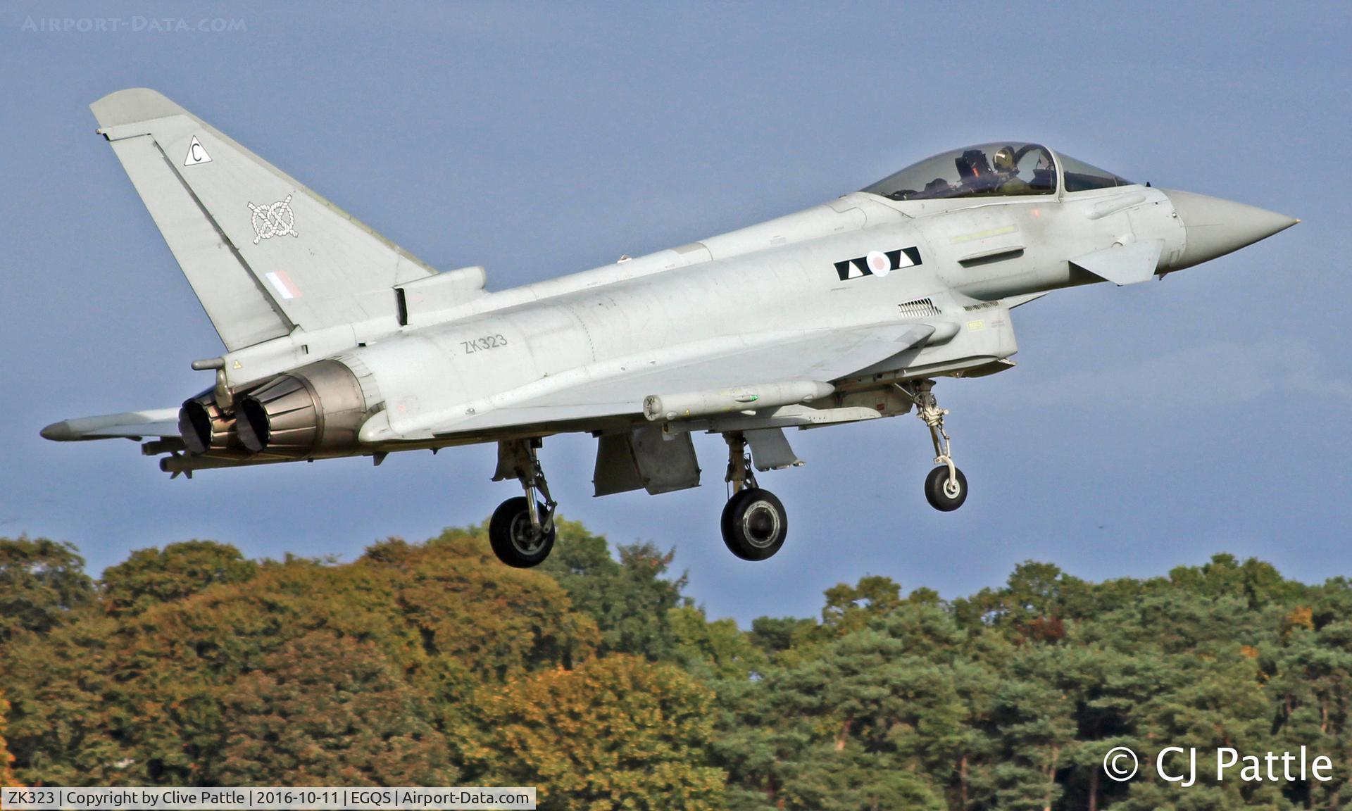 ZK323, 2011 Eurofighter EF-2000 Typhoon FGR4 C/N BS084/322, Coded 'C' with II(AC) Sqn RAF in action at its home base of RAF Lossiemouth EGQS during Exercise Joint Warrior 16-2