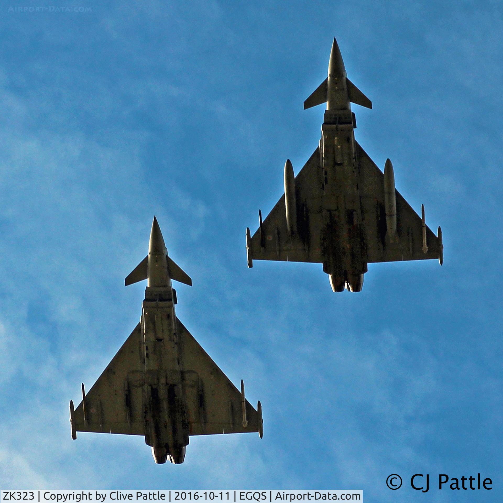 ZK323, 2011 Eurofighter EF-2000 Typhoon FGR4 C/N BS084/322, Formation approach (on right) whilst coded 'C' with II(AC) Sqn RAF to RAF Lossiemouth EGQS during Exercise Joint Warrior 16-2