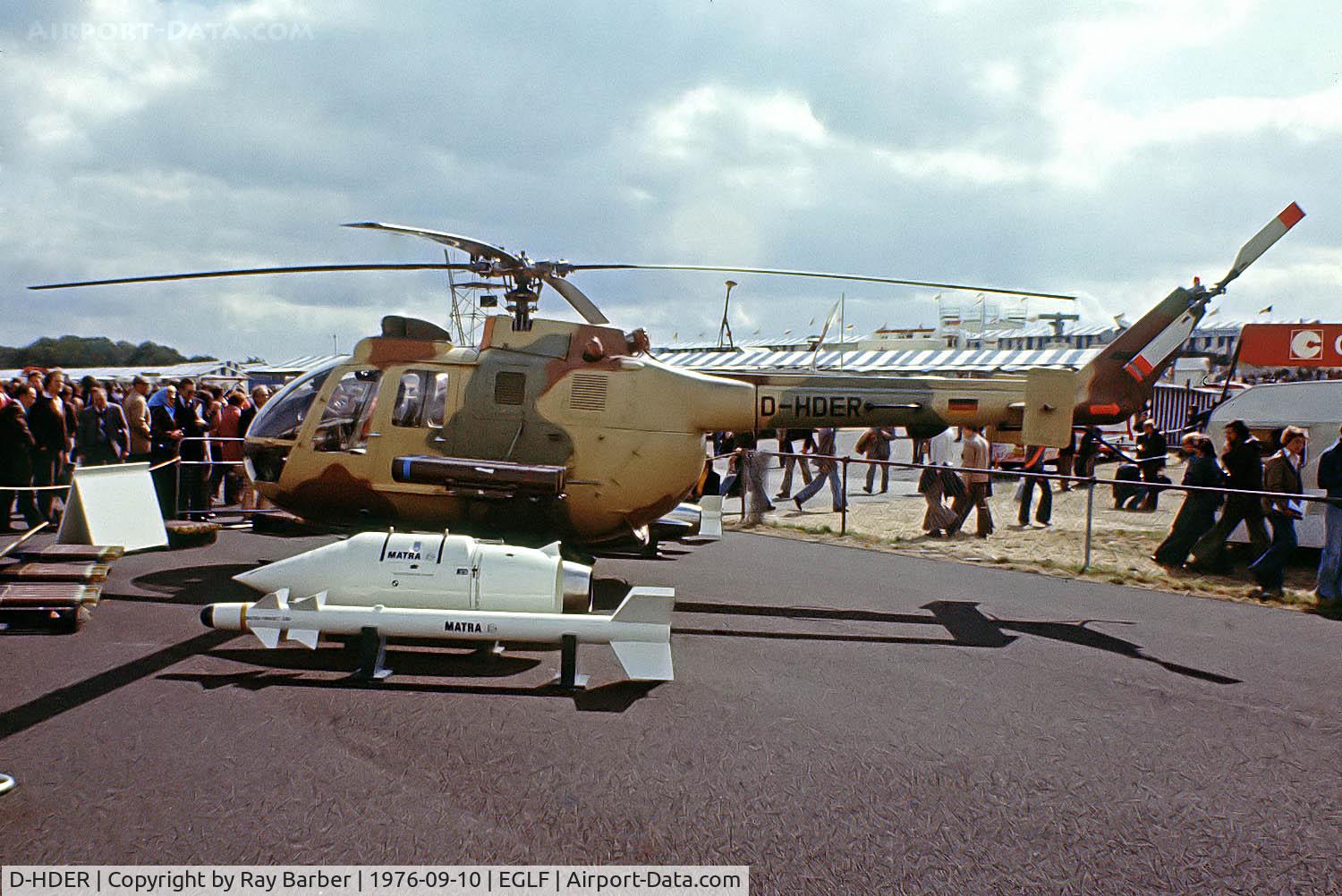 D-HDER, MBB Bo-105C C/N S-150, Bolkow Bo.105CB [S-150] (MBB Bolkow) Farnborough~G 10/09/1976. From a slide.