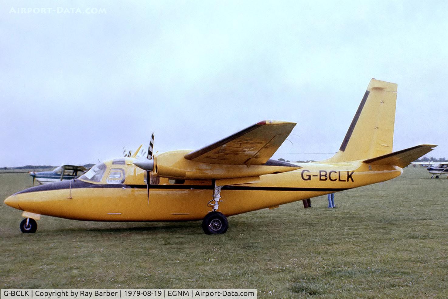 G-BCLK, 1974 Rockwell 500S Shrike Commander C/N 3180, Aero Commander 500S Shrike Commander [3180] (Glos-Air Ltd) Leeds/Bradford~G 19/08/1979. From a slide noted here on this date but not confirmed if taken here then.