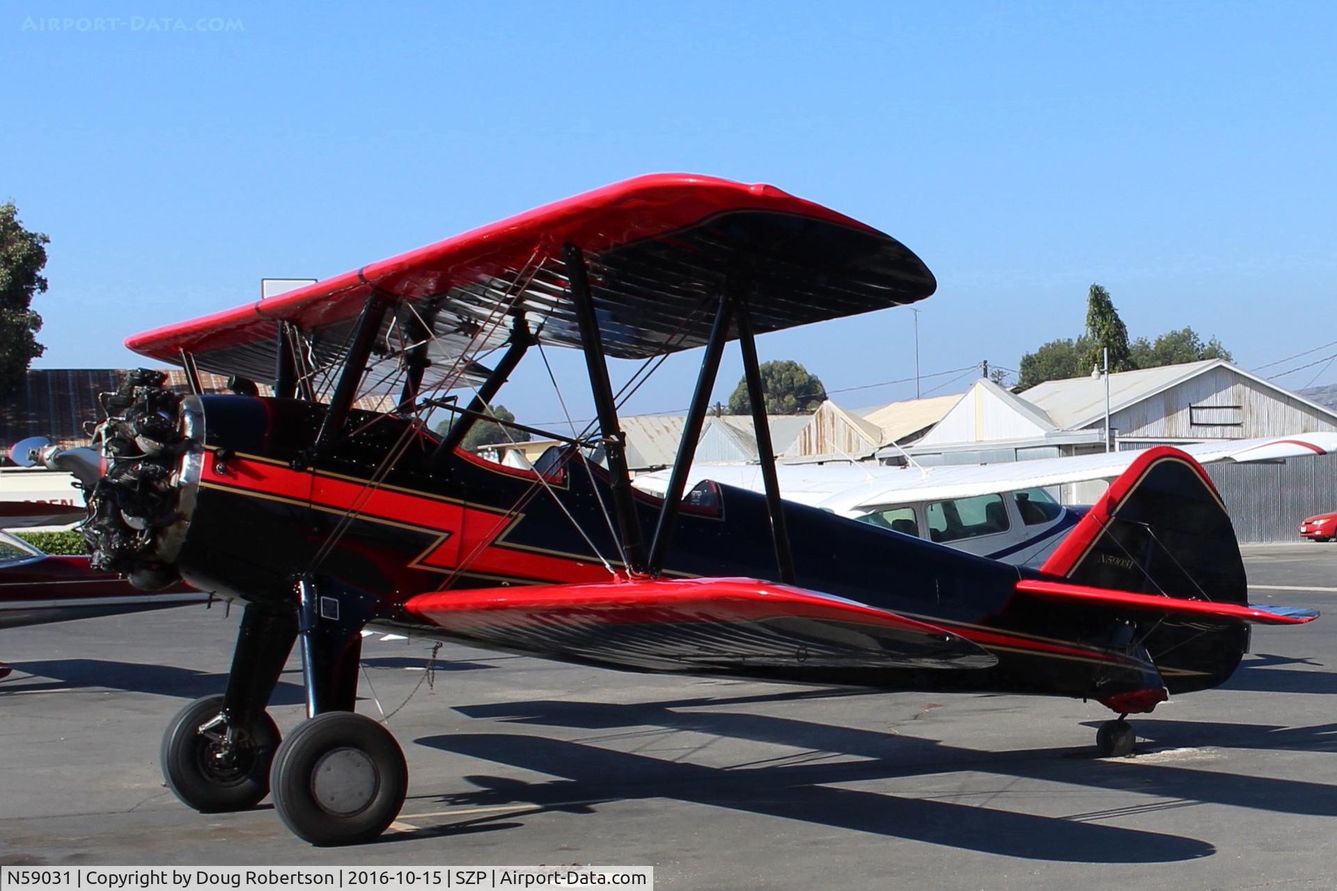 N59031, 1941 Boeing A75N1(PT17) C/N 75-3808, 1941 Boeing Stearman A75N1, Continental W670 220 Hp radial, a stunning showplane long-based at SZP. See many in-flight Photos.