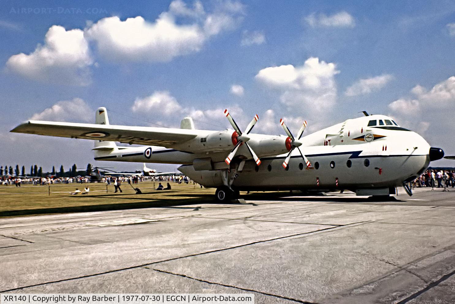 XR140, 1963 Armstrong Whitworth AW-660 Argosy E.1 C/N 6795, Armstrong-Whitworth Argosy E.1 [6795] (Royal Air Force) RAF Finningley~G 30/07/1977. From a slide.