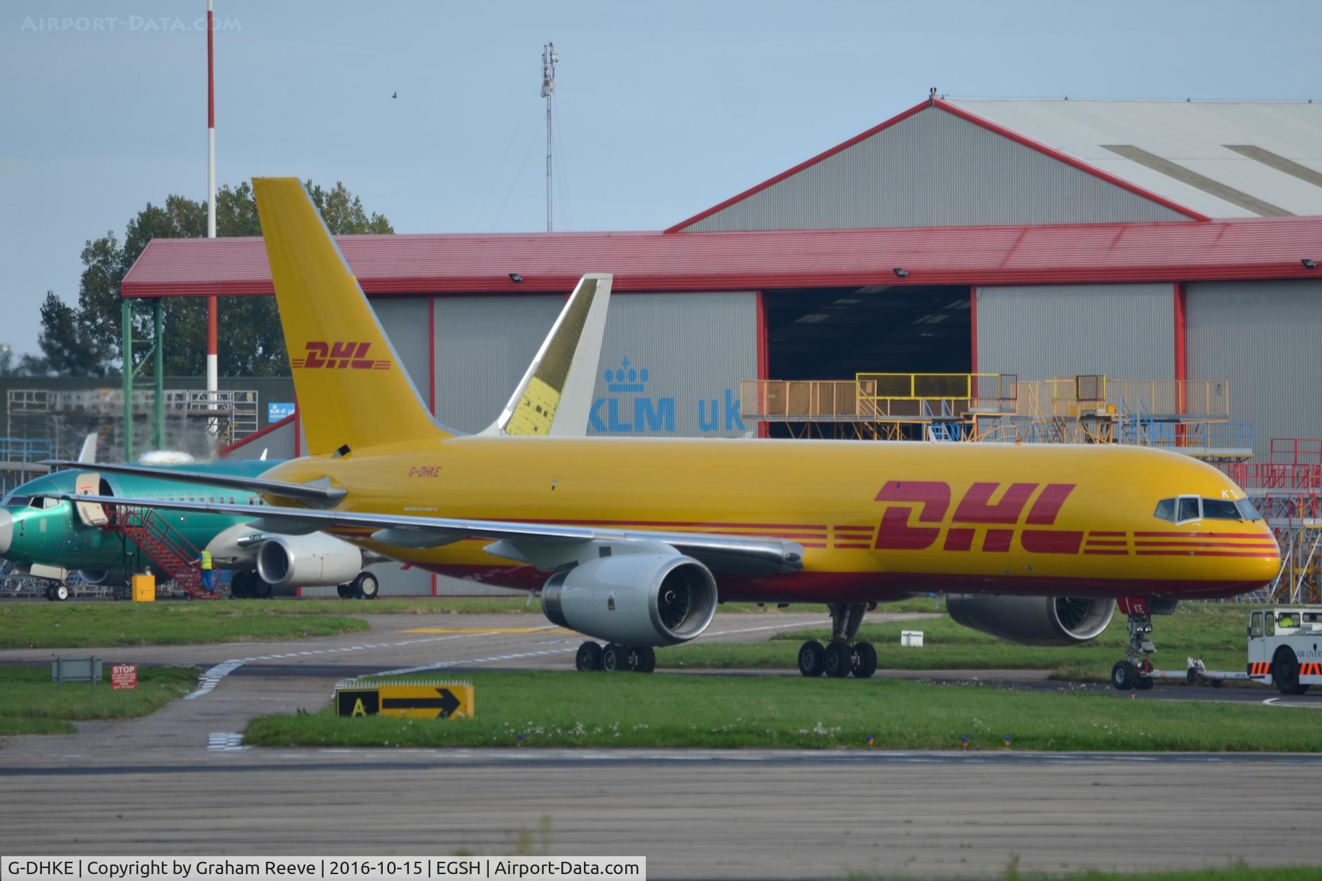G-DHKE, 1998 Boeing 757-23N C/N 27976, Under tow at Norwich.
