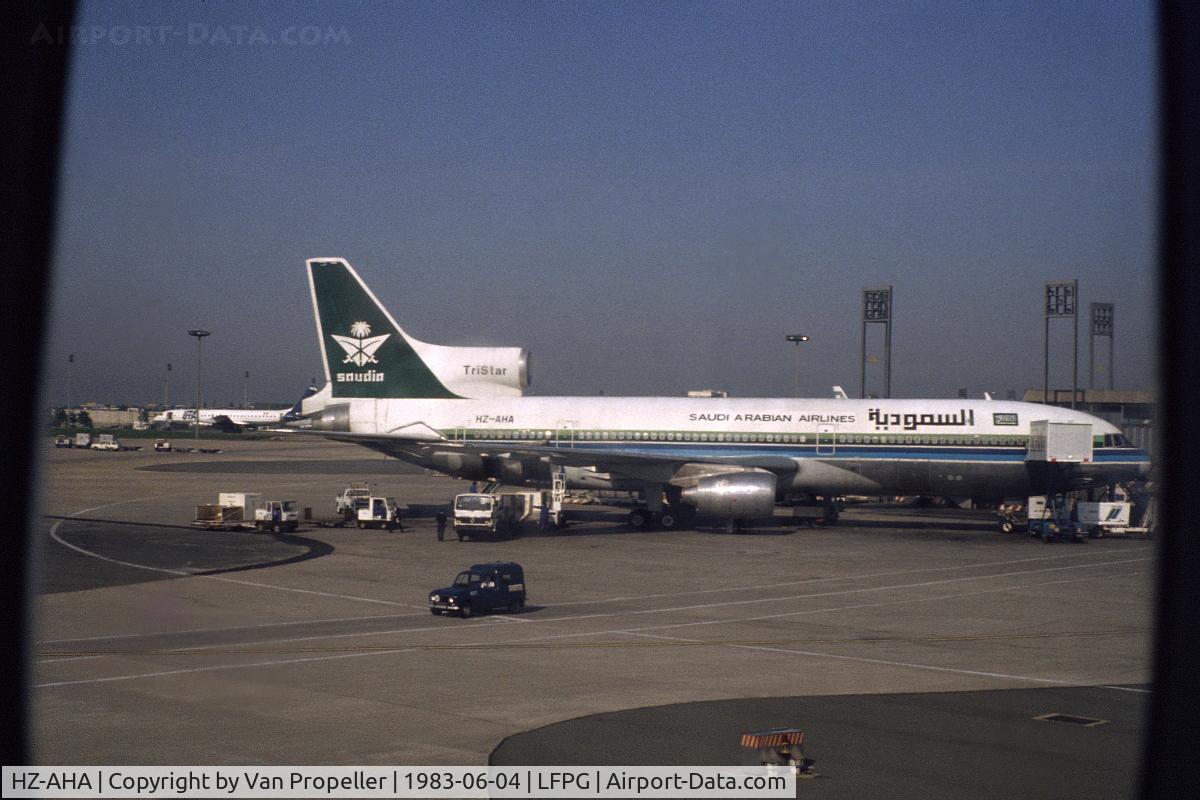 HZ-AHA, 1975 Lockheed L-1011-200 TriStar C/N 1110, Saudia Lockheed TriStar 200 at Paris Charles de Gaulle airport, 1983, seen from a taxiing DC-9