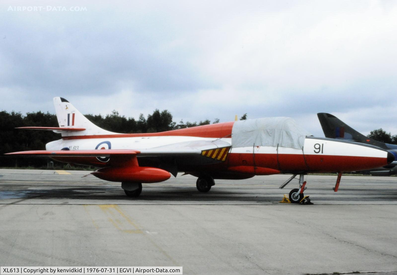 XL613, 1958 Hawker Hunter T.7 C/N 41H/695347, At the 1976 International Air Tattoo Greenham Common, copied from slide.