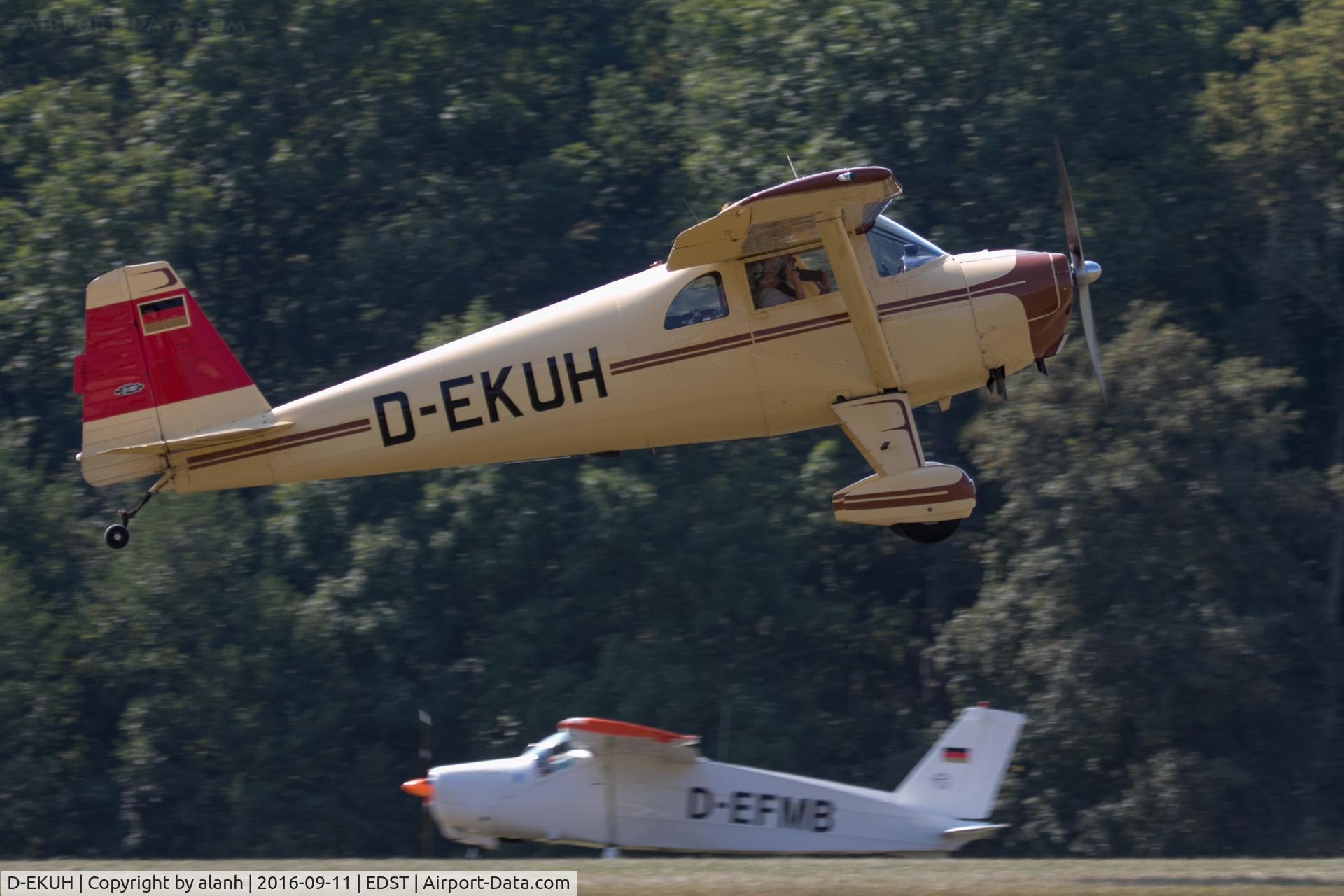 D-EKUH, 1948 Luscombe 8F Silvaire C/N 6295, Departing the 2016 Hahnweide Oldtimer Fliegertreffen; D-EFMB, Bölkow Bo 208 C Junior taxying in the background
