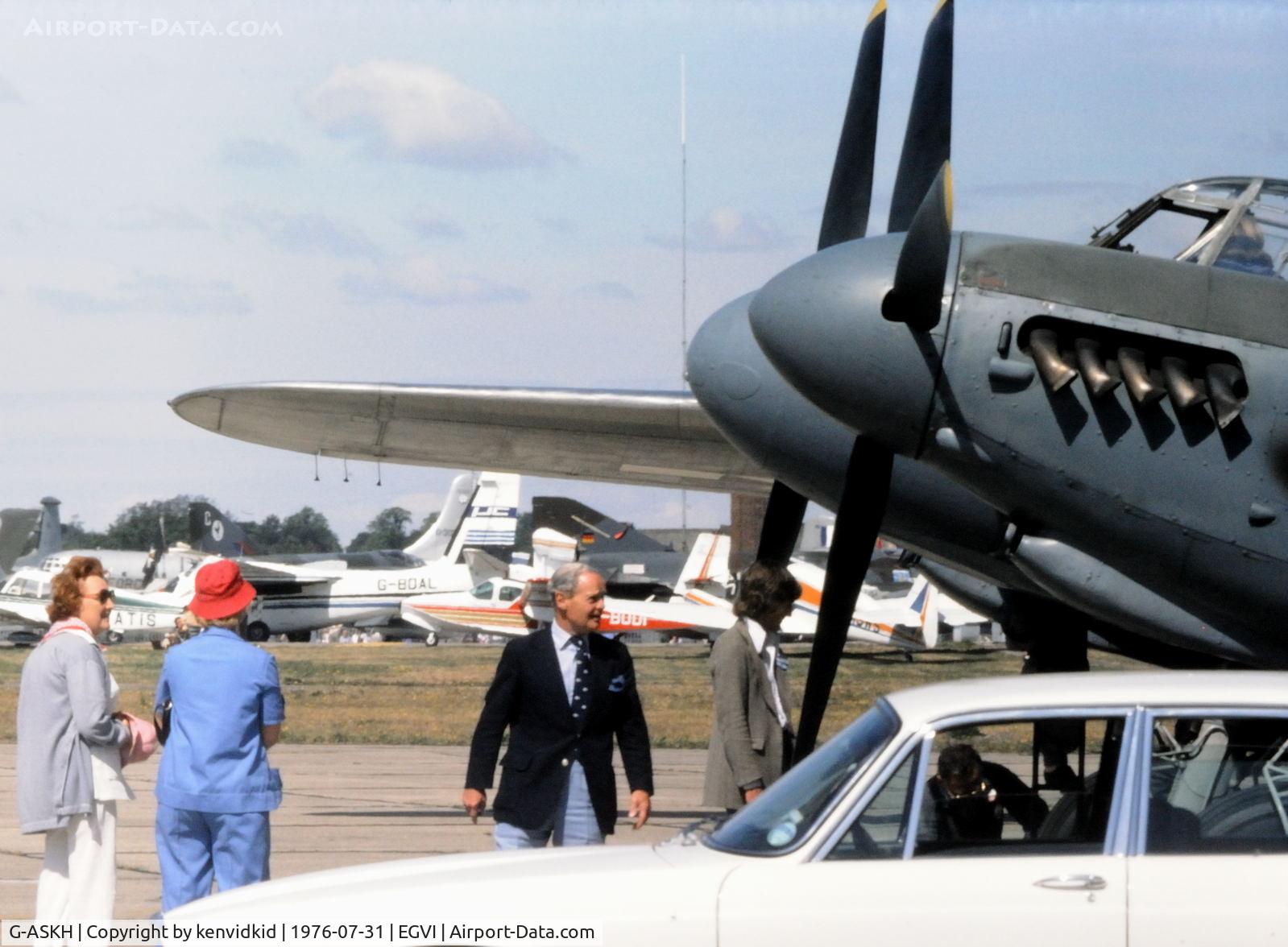 G-ASKH, 1965 De Havilland DH98 Mosquito T.3 C/N RR299, At the 1976 International Air Tattoo Greenham Common, copied from slide. Group Captain Sir Douglas Bader looking on.