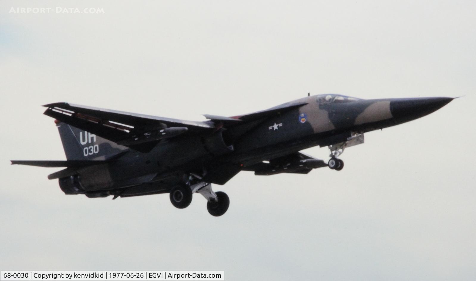 68-0030, 1968 General Dynamics F-111E Aardvark C/N A1-199, At the 1977 International Air Tattoo Greenham Common, copied from slide.