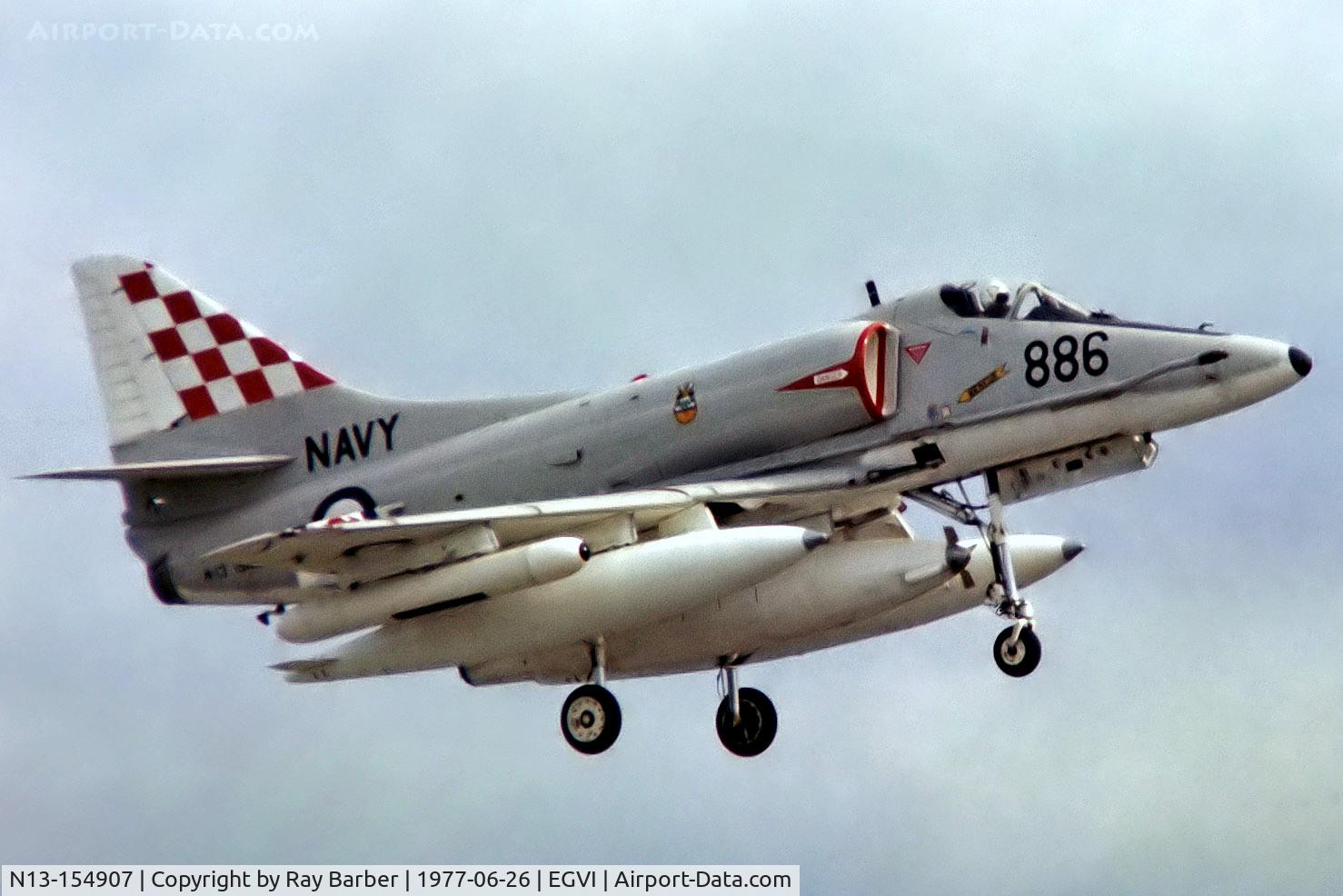 N13-154907, Douglas A-4G Skyhawk C/N 13780, Douglas A-4G Skyhawk [13780] (Royal Australian Navy) RAF Greenham Common~G 26/06/1977. From a slide. Shown with arrester hook retracted.