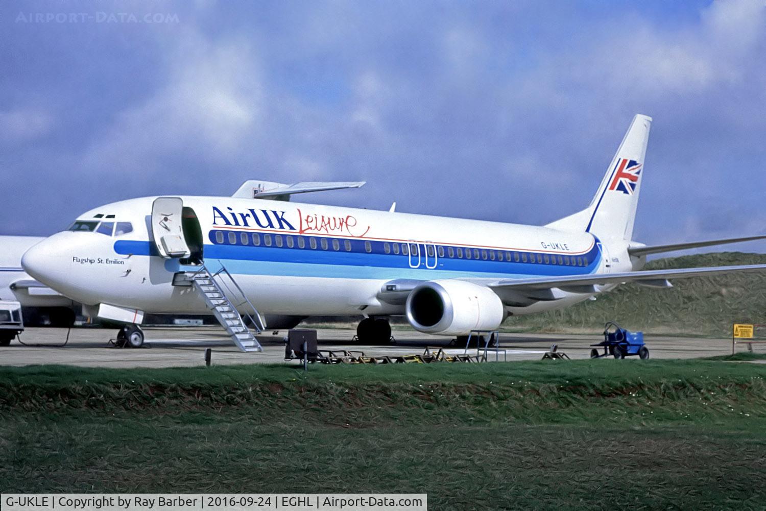 G-UKLE, 1989 Boeing 737-4Y0 C/N 24468, G-UKLE   Boeing 737-4Y0 [24468] (Air UK Leisure) Lasham~G @ 1991. From a slide.