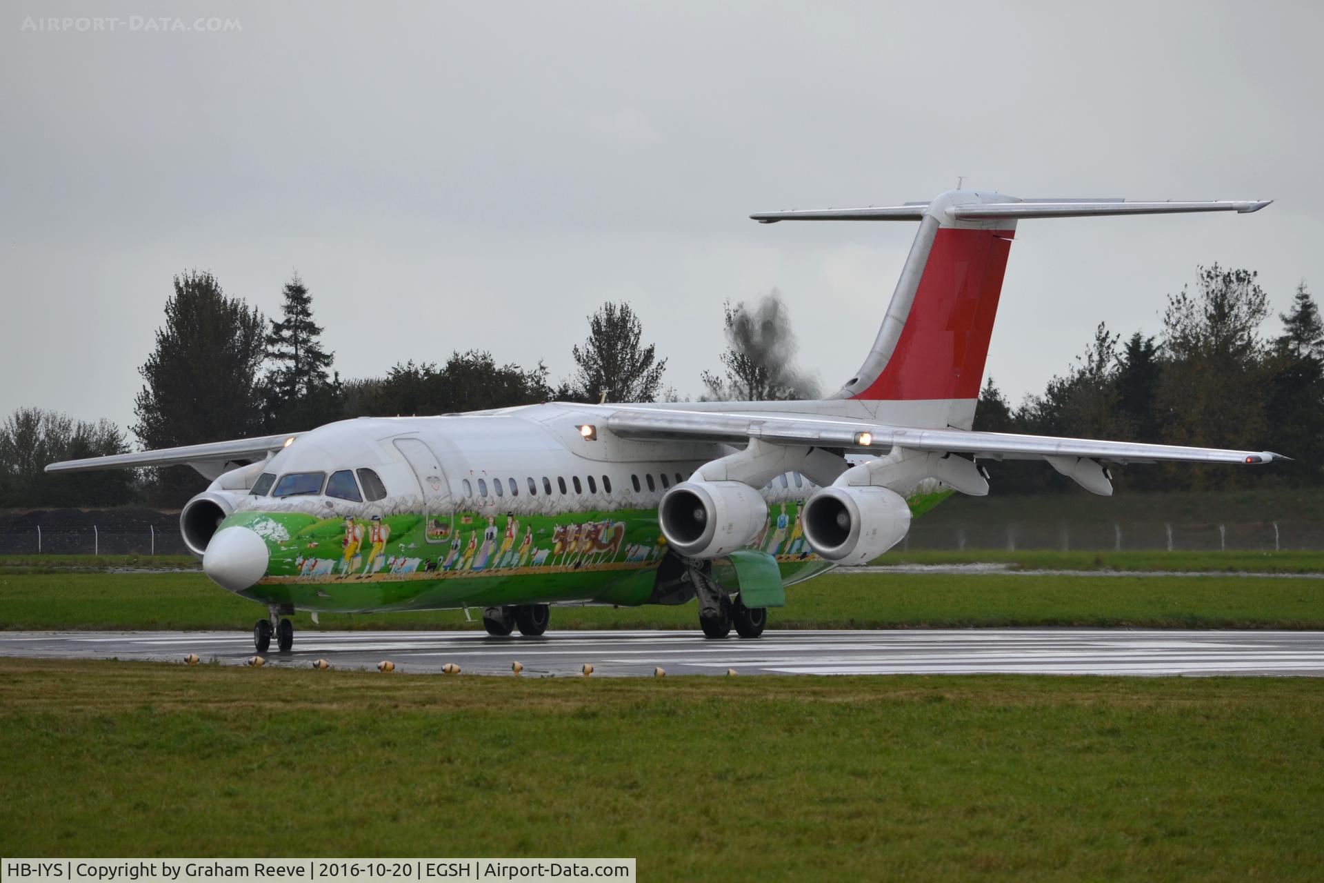 HB-IYS, 2001 British Aerospace Avro 146-RJ100 C/N E3381, Departing from Norwich with the flag and airline logo removed.