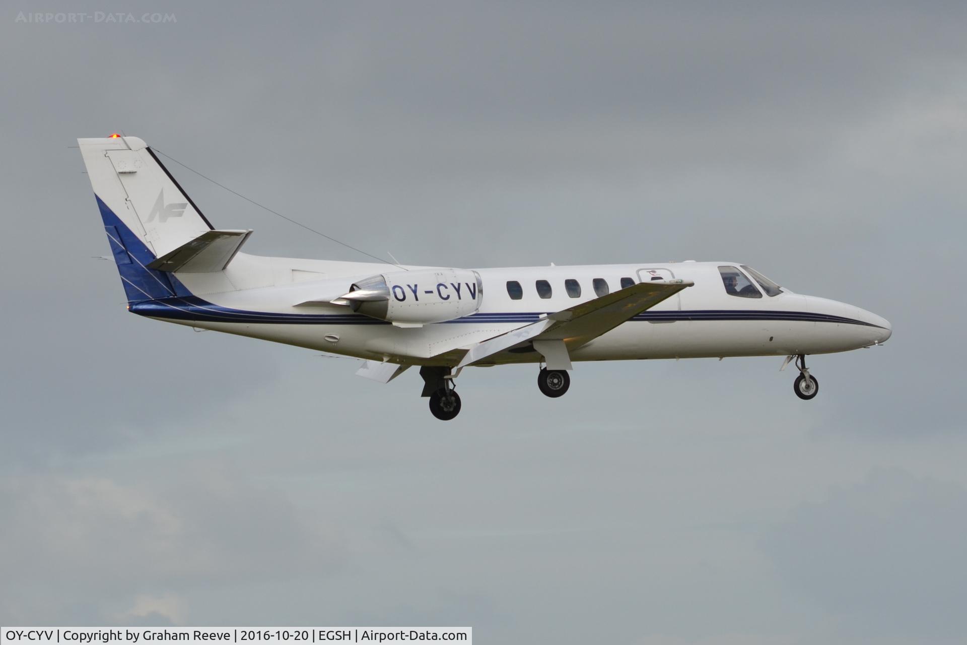 OY-CYV, 1982 Cessna 550 Citation II C/N 550-0440, Landing at Norwich.