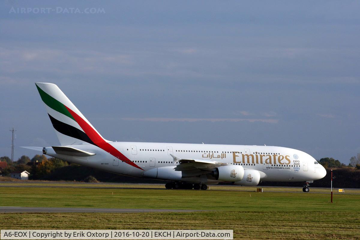 A6-EOX, 2015 Airbus A380-861 C/N 208, A6-EOX taxing for takeoff rw 04R