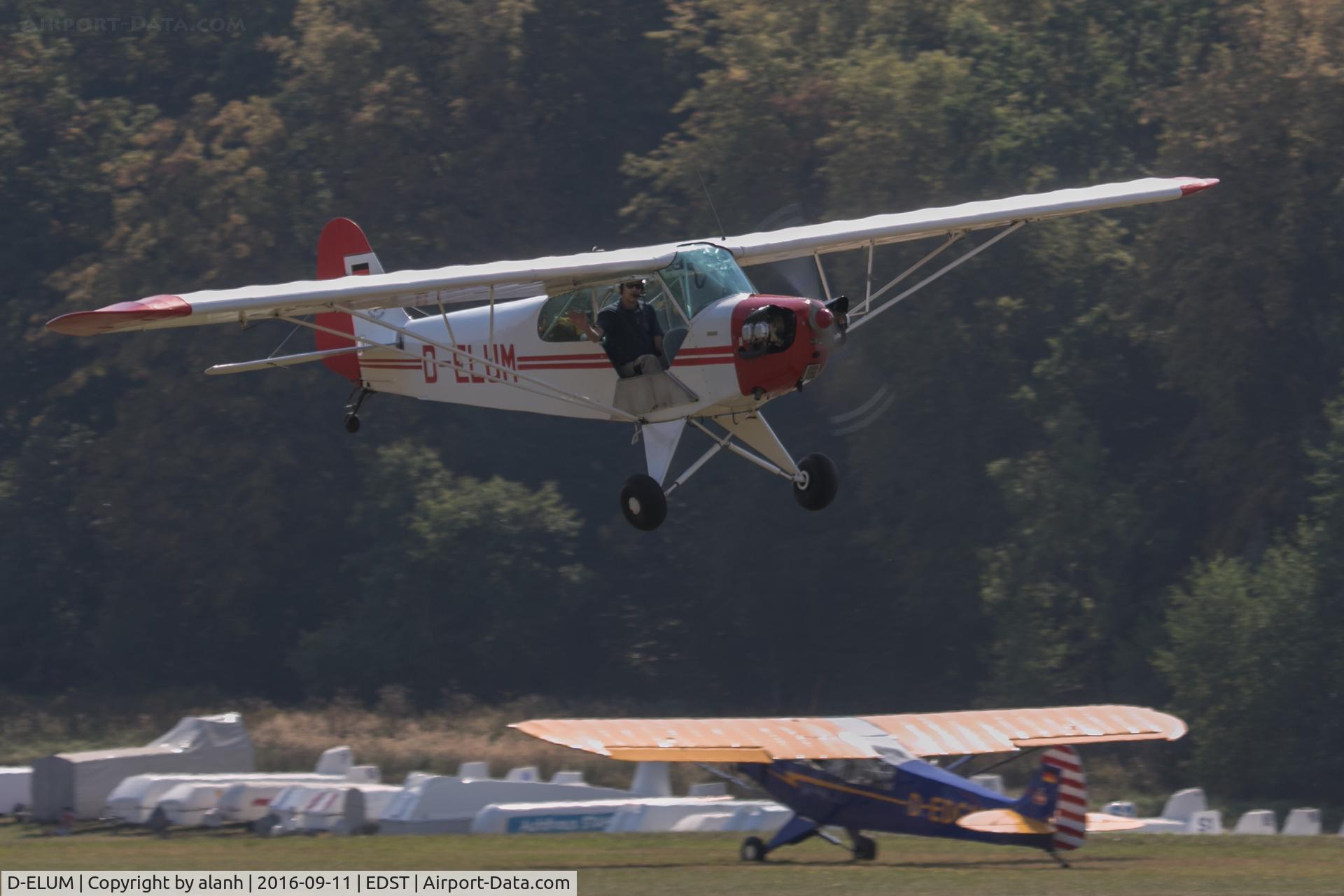 D-ELUM, 1944 Piper L-4H Grasshopper (J3C-65D) C/N 11005, Departing the 2016 Hahnweide Oldtimer Fliegertreffen