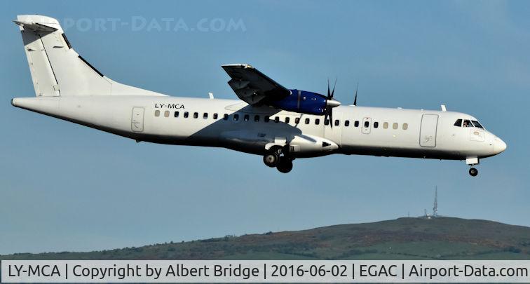 LY-MCA, 1991 ATR 72-201 C/N 212, A short-term charter to cover the summer timetable.  Arriving with a flybe flight from Birmingham (BHX).