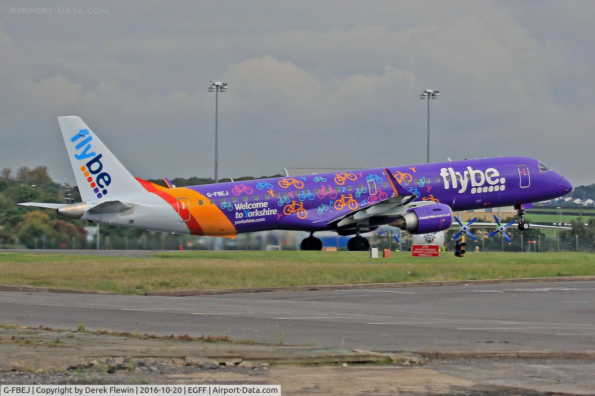 G-FBEJ, 2007 Embraer 195LR (ERJ-190-200LR) C/N 19000155, Embraer 195, Flybe, callsign Jersey 3HF, previously PT-SAK, painted in special Yorkshire colour scheme 20 3 2-16, seen departing runway 12 en-route to Munich.