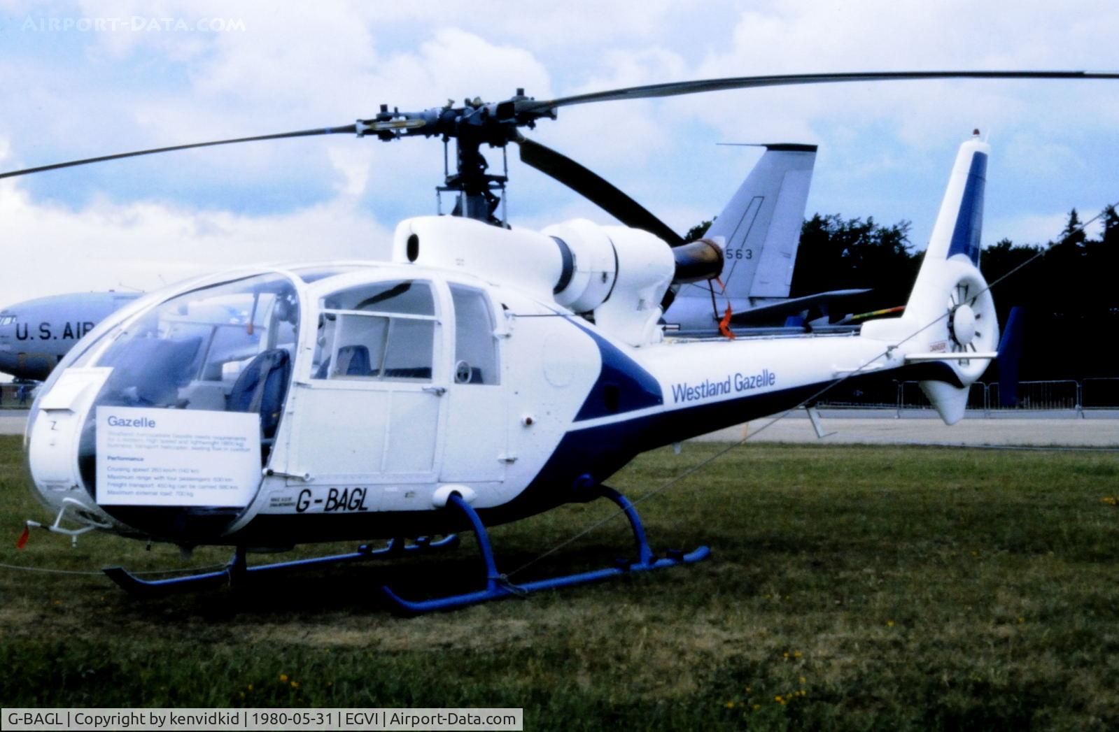 G-BAGL, 1972 Aerospatiale (Westland) SA-341G Gazelle C/N WA1067, At the 1980 International Air Tattoo Greenham Common, copied from slide.