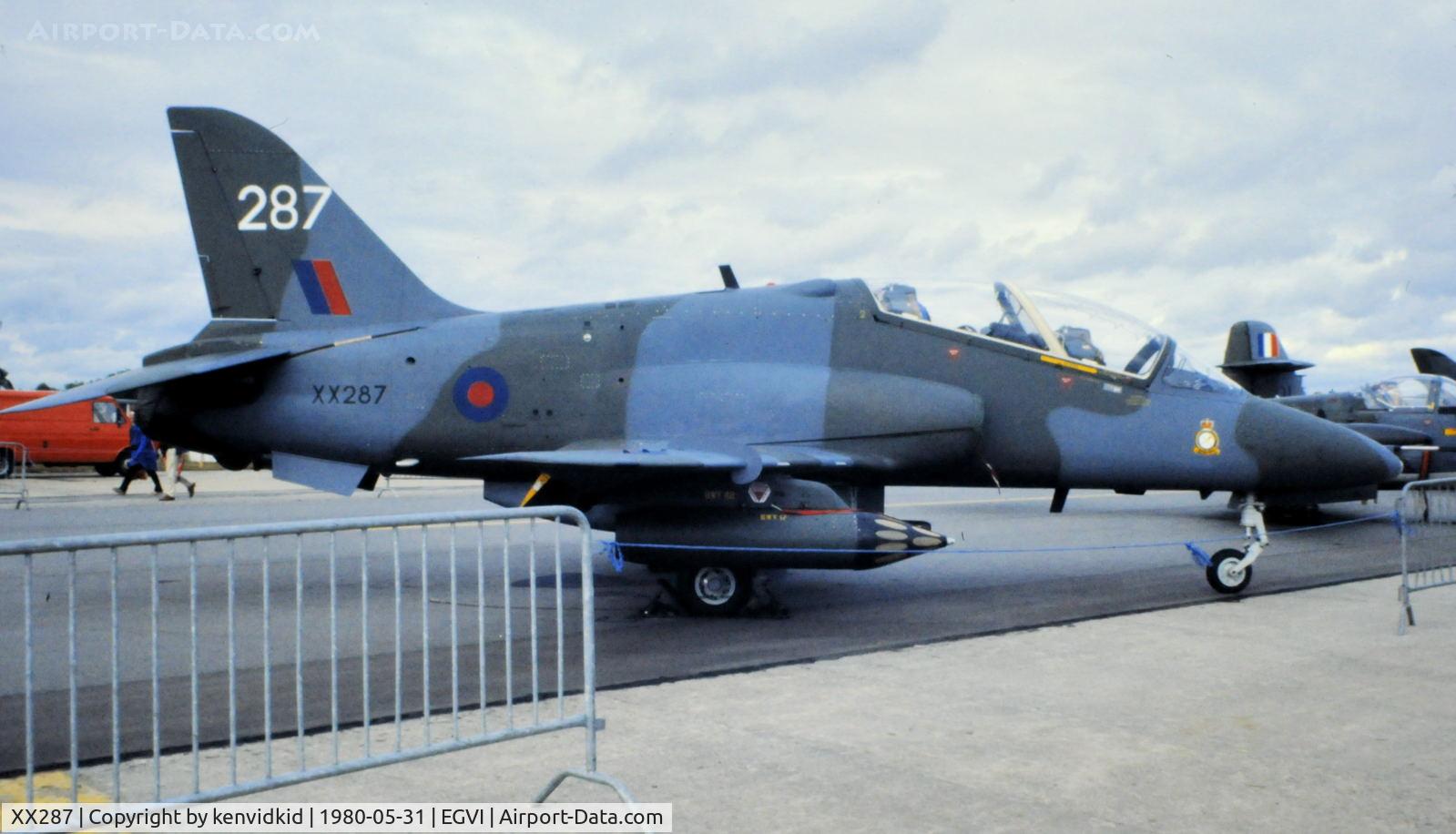 XX287, 1979 Hawker Siddeley Hawk T.1A C/N 113/312112, At the 1980 International Air Tattoo Greenham Common, copied from slide.