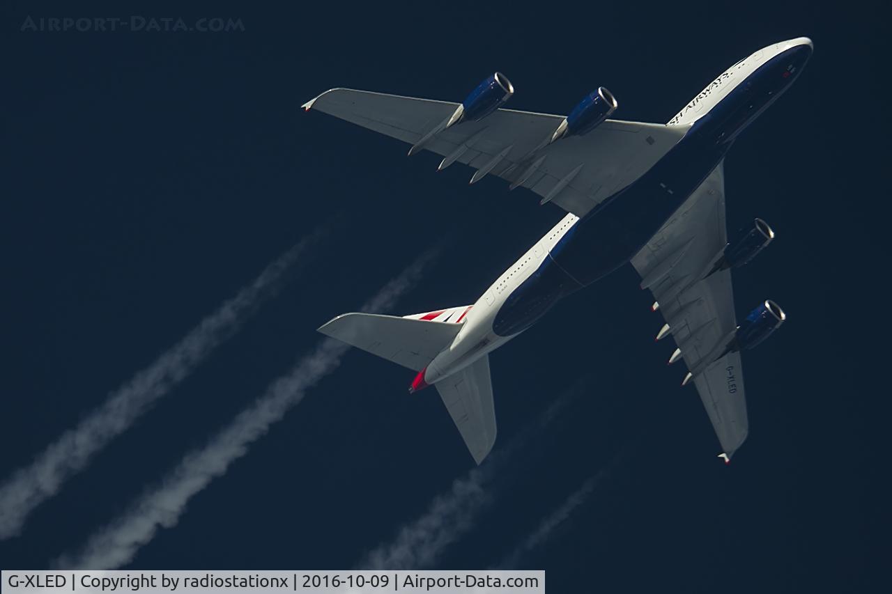 G-XLED, 2013 Airbus A380-841 C/N 144, 9/10/2016 British Airways Airbus A380 G-XLED passes overhead Lancashire, England,UK at 35,000ft returning to London Heathrow from SFO as BA286. 
Photo taken from the ground using telescope and Pentax K-5.